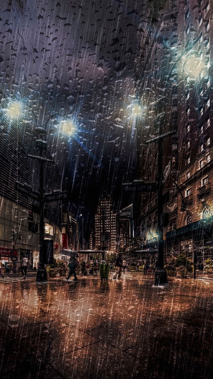 Rainy Night City Street iPhone Wallpaper