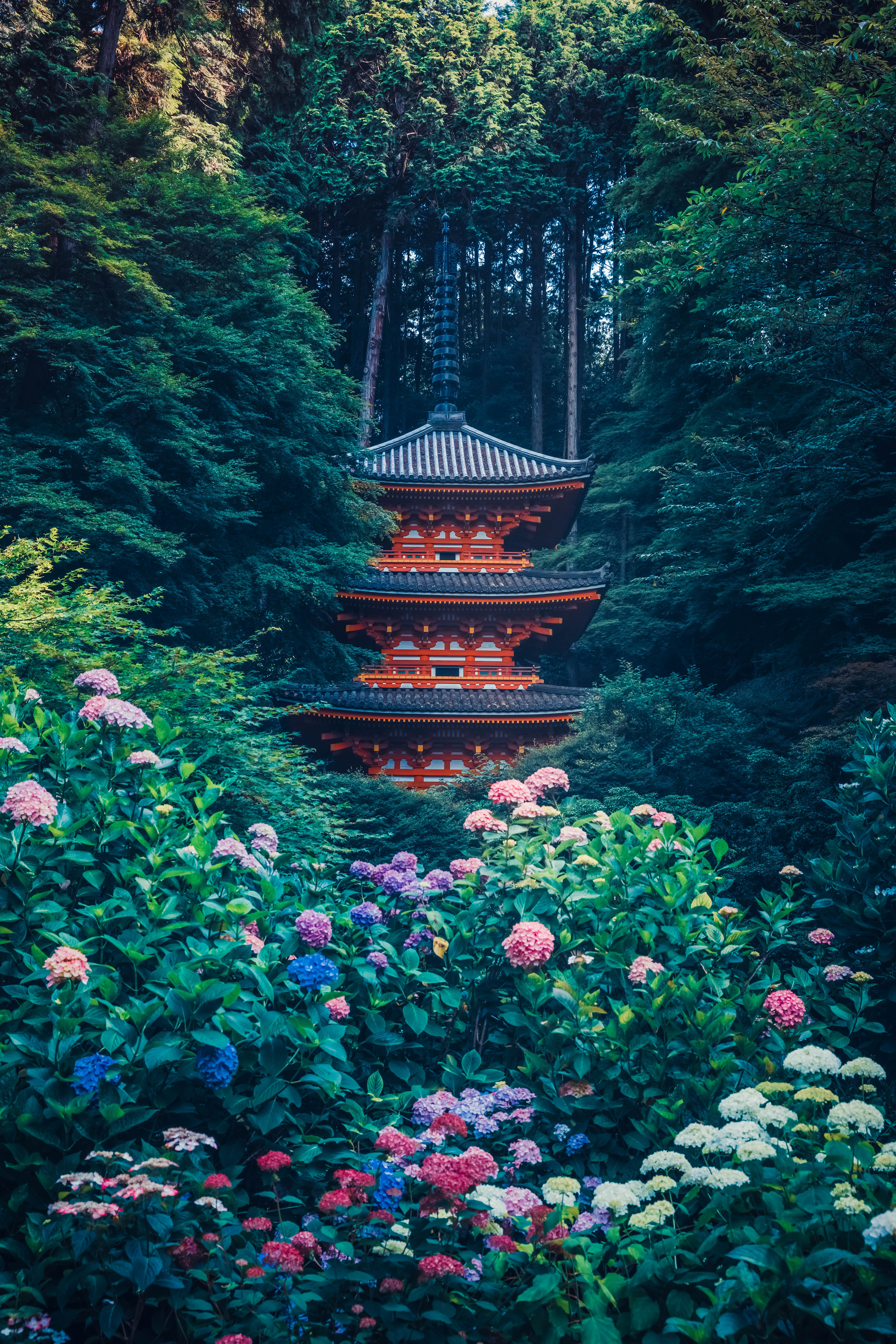 Japan Temple Flowers Pagoda Portrait