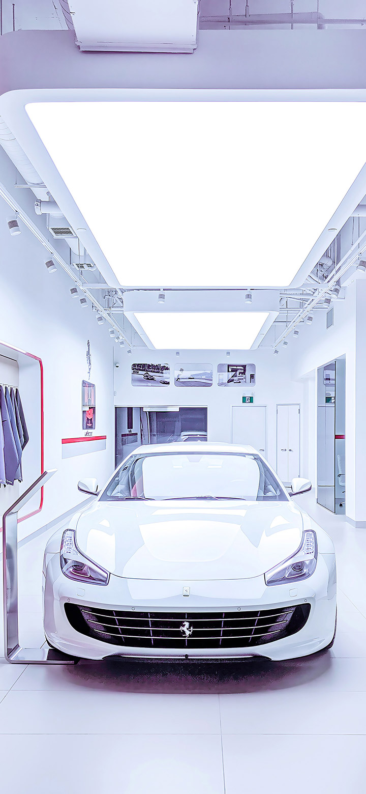 White Ferrari Inside The Showroom 4K