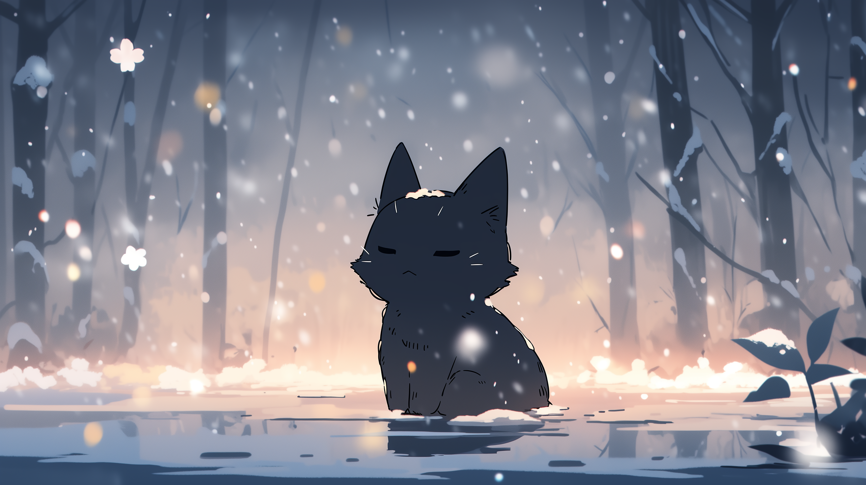 Mystical Black Cat in Snowy Forest