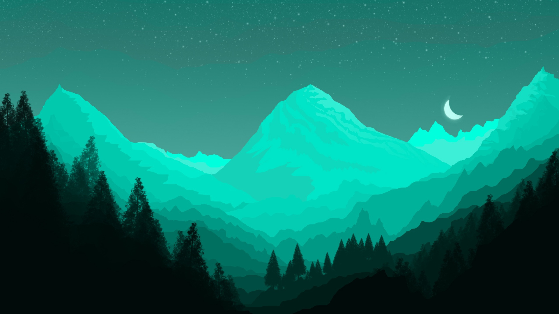 moon, forest, background, mountains