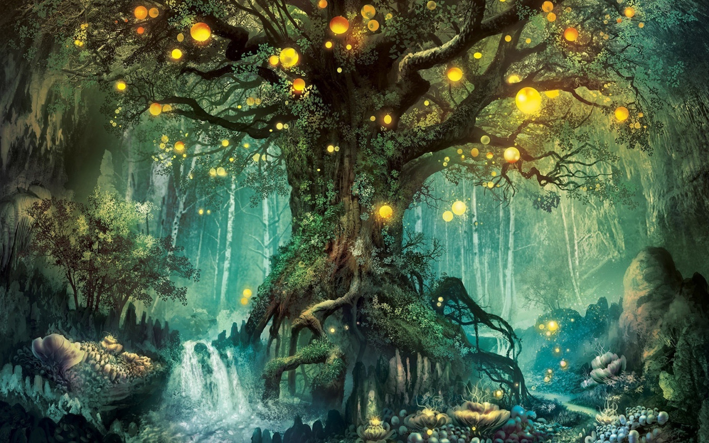 Roots Tree Glare Magic Forest Wallpaper