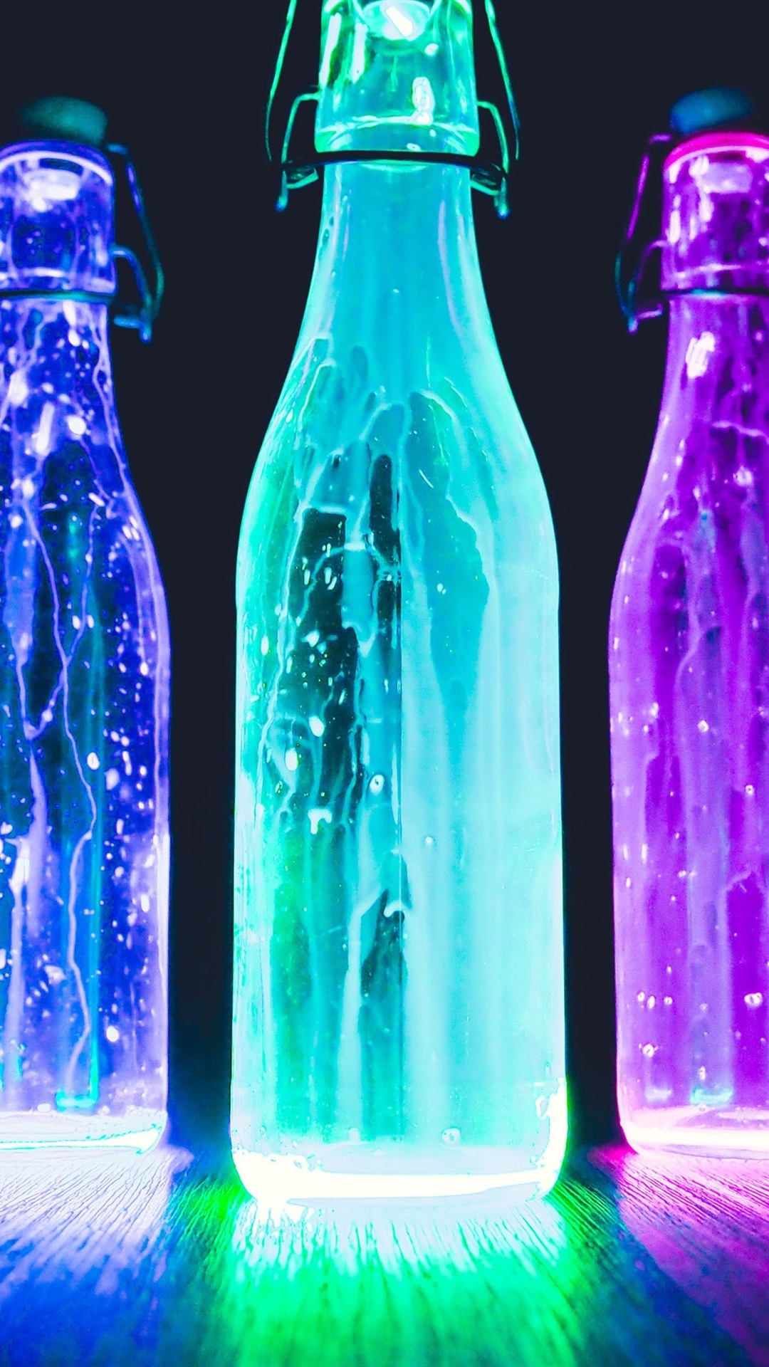 Glow light bottles, neon, liquid, black