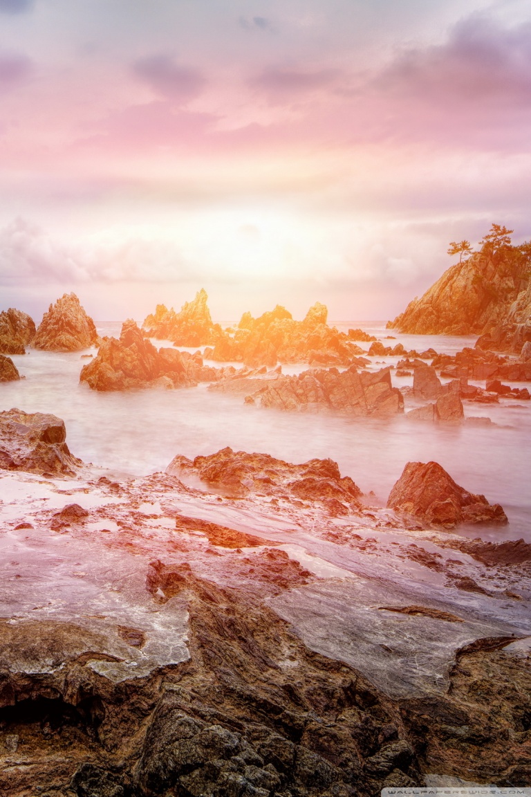 Beach, Glowing Light, Rocks, Nature