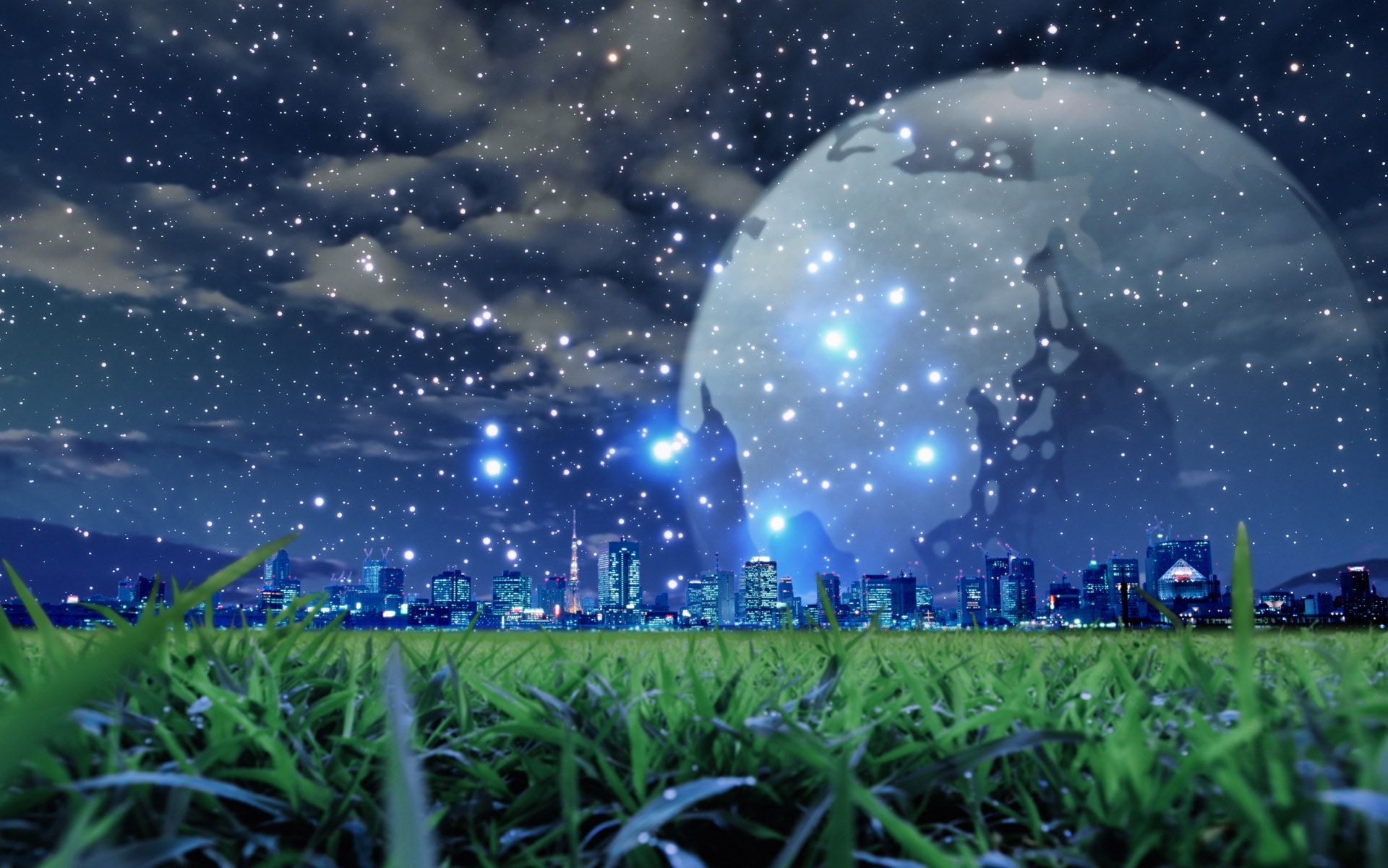 Mobile wallpaper: Cities, Grass, Stars