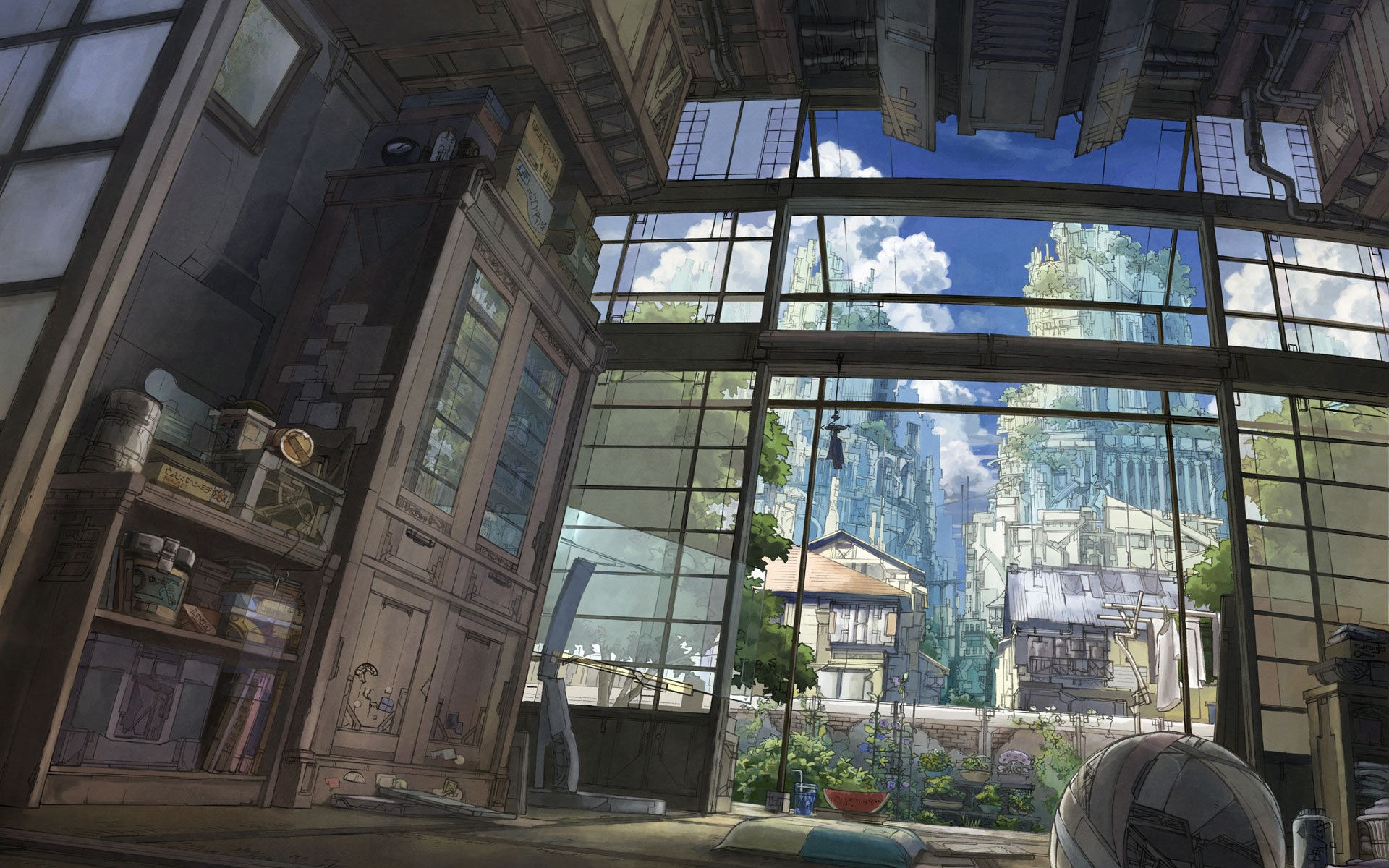 anime, house, indoors, cityscape