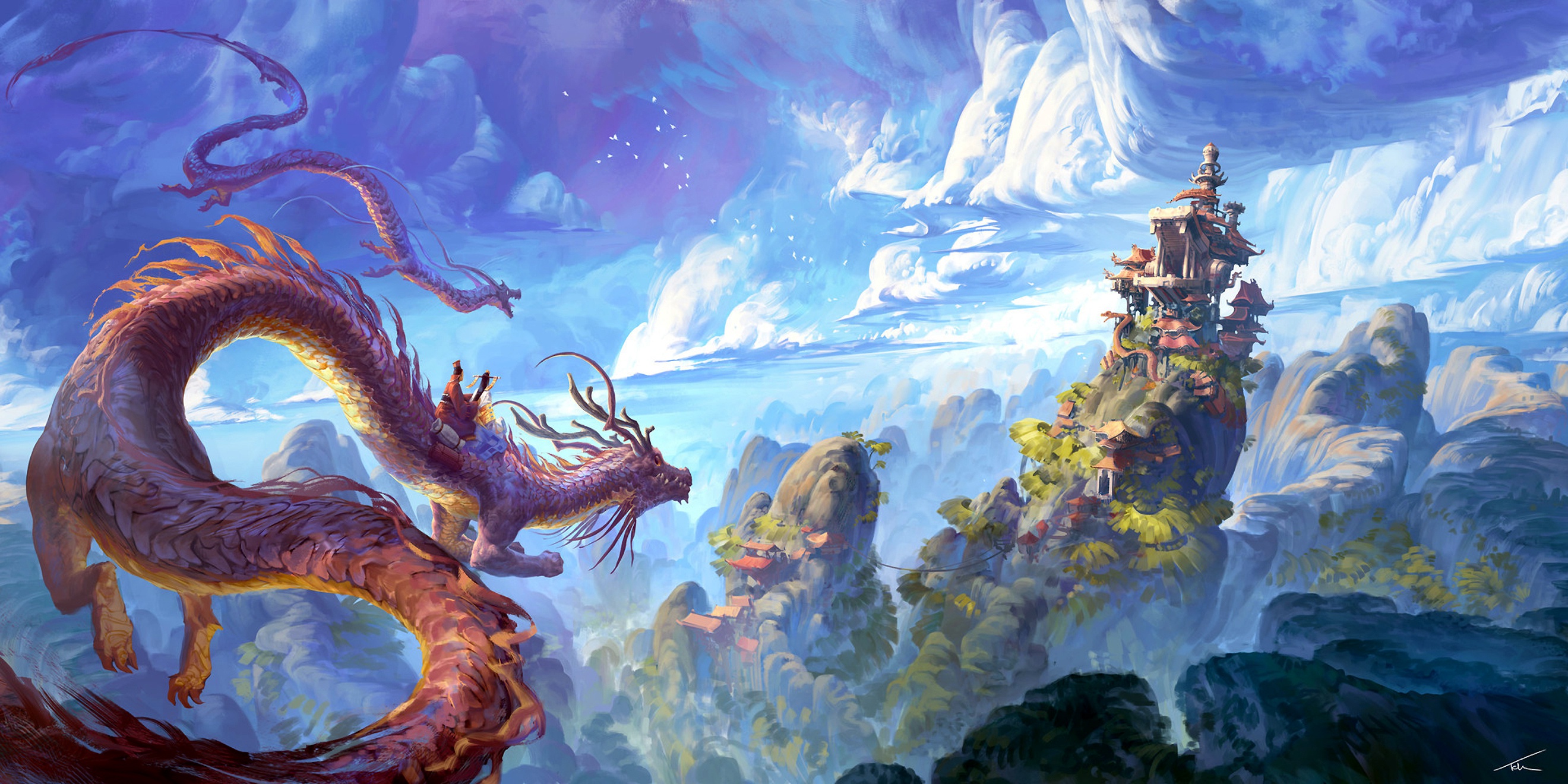 Wallpaper China, house, fantasy, sky, landscape, nature, clouds, hills for mobile and desktop, section фантастика, resolution 2640x1320