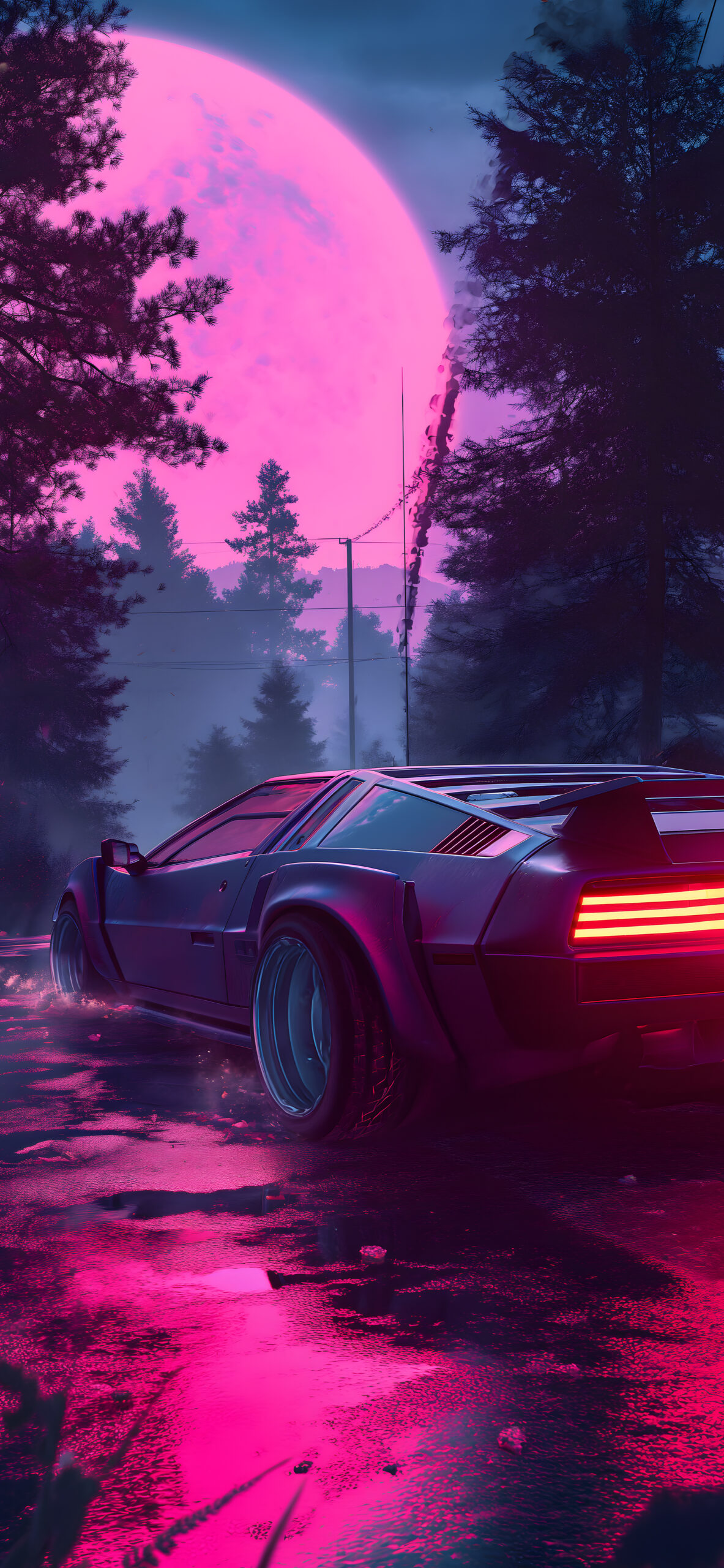 Neon Moonlit Car Wallpaper