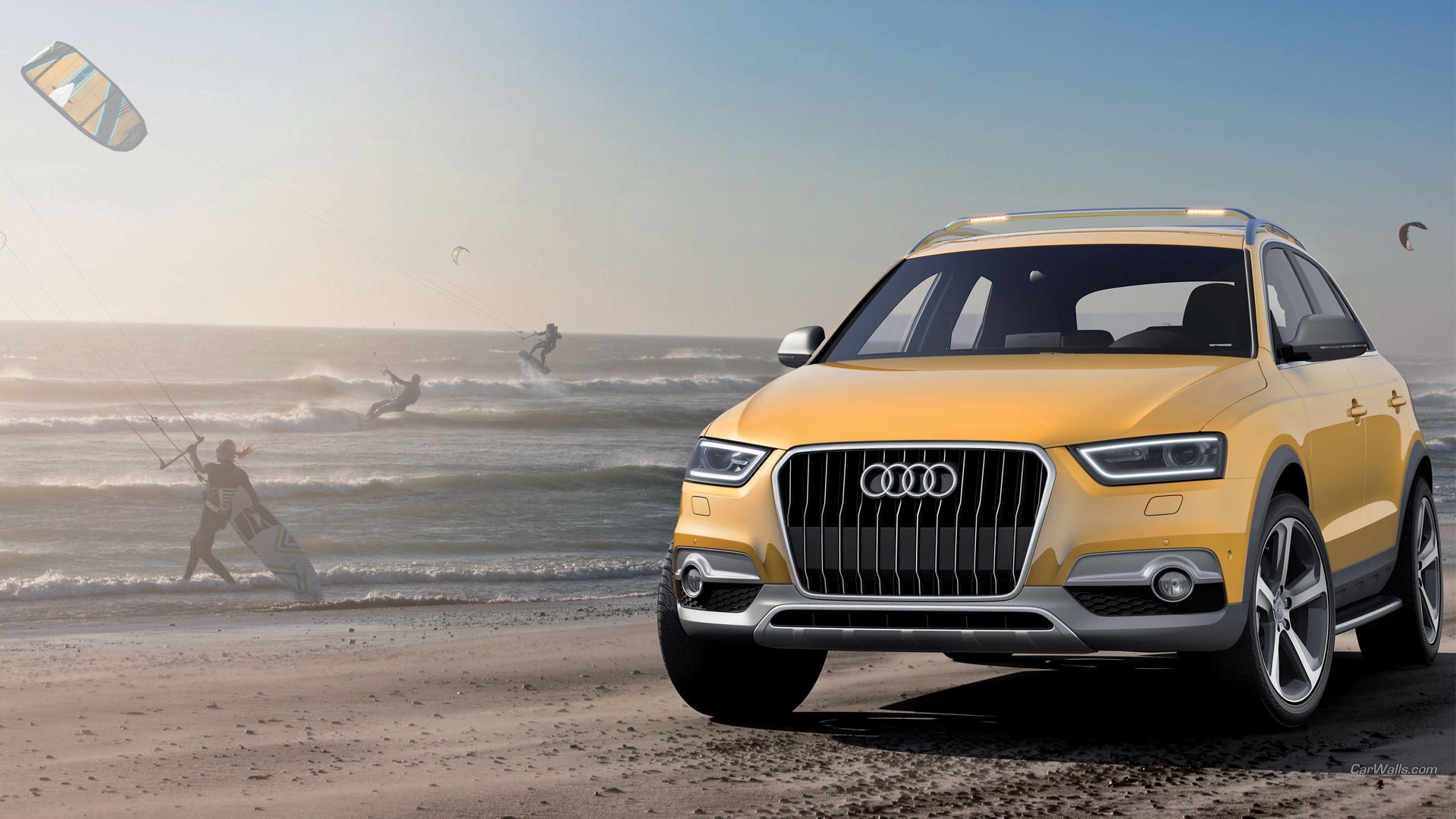 Audi Q3, car, Audi, beach, yellow cars