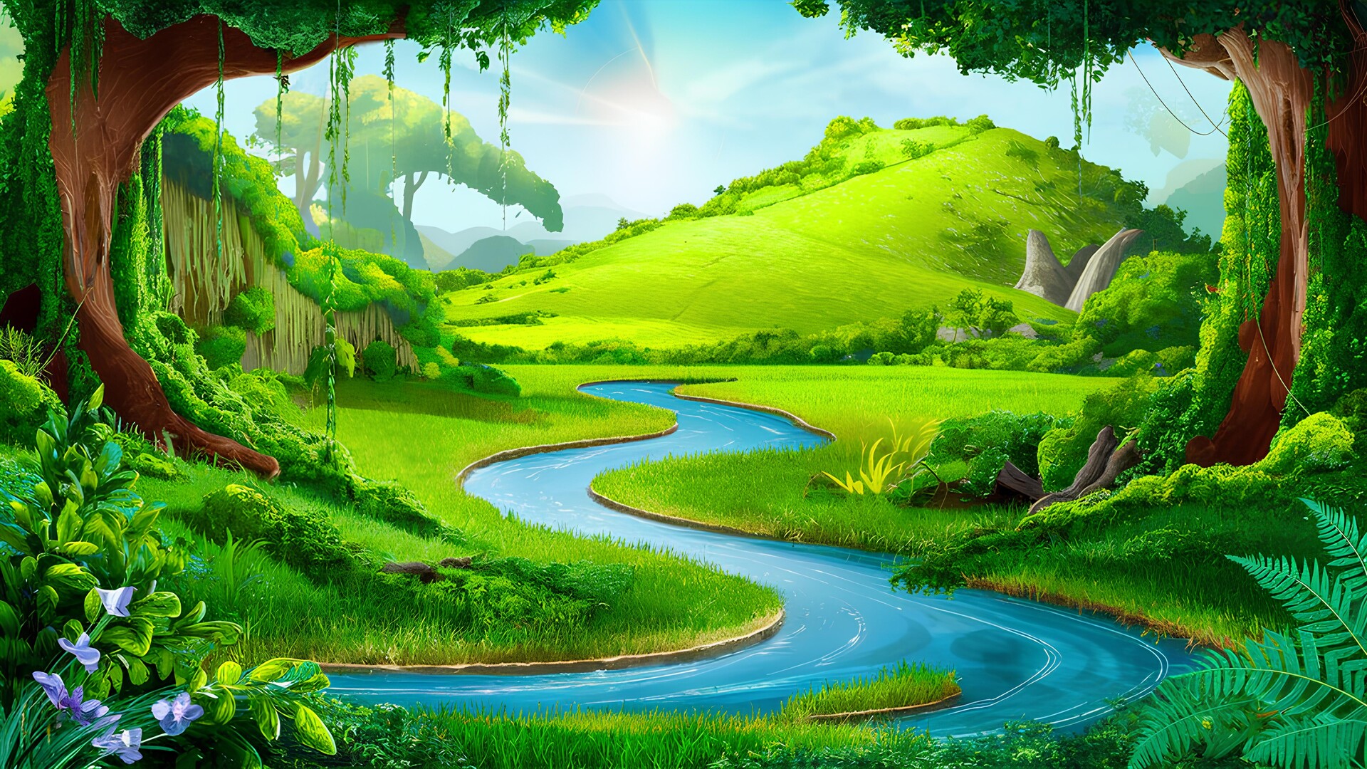 Lush green landscape with serpentine river