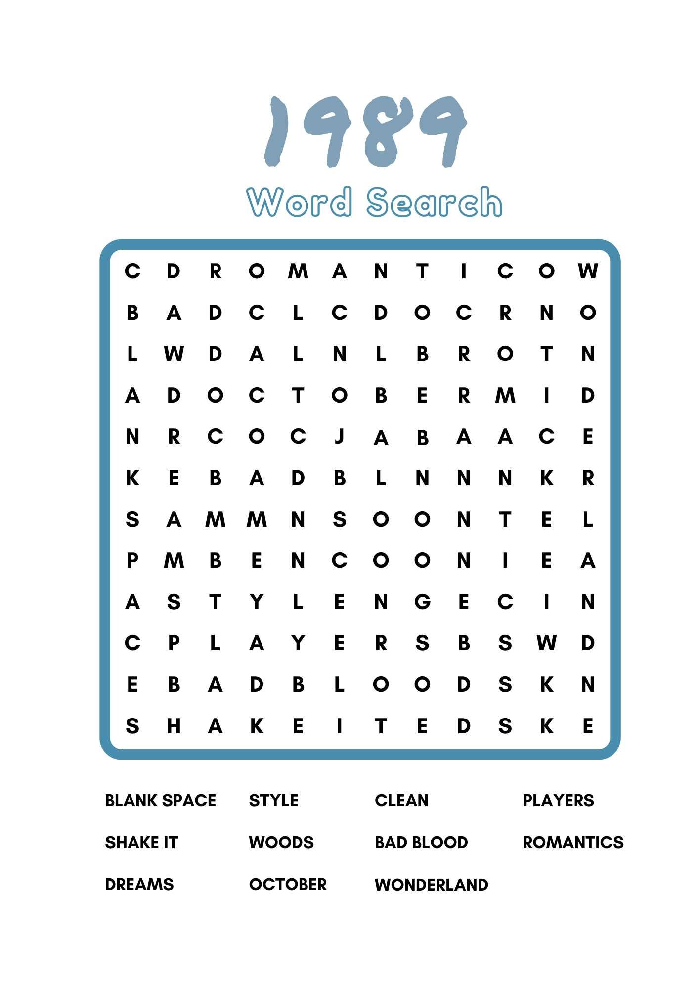 Taylor Swift Era Word Searches
