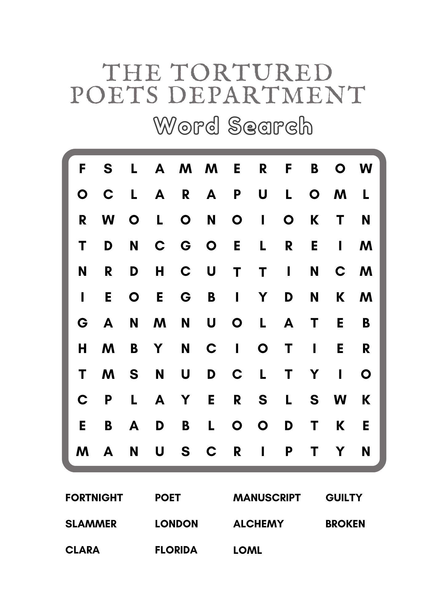 Taylor Swift Era Word Searches