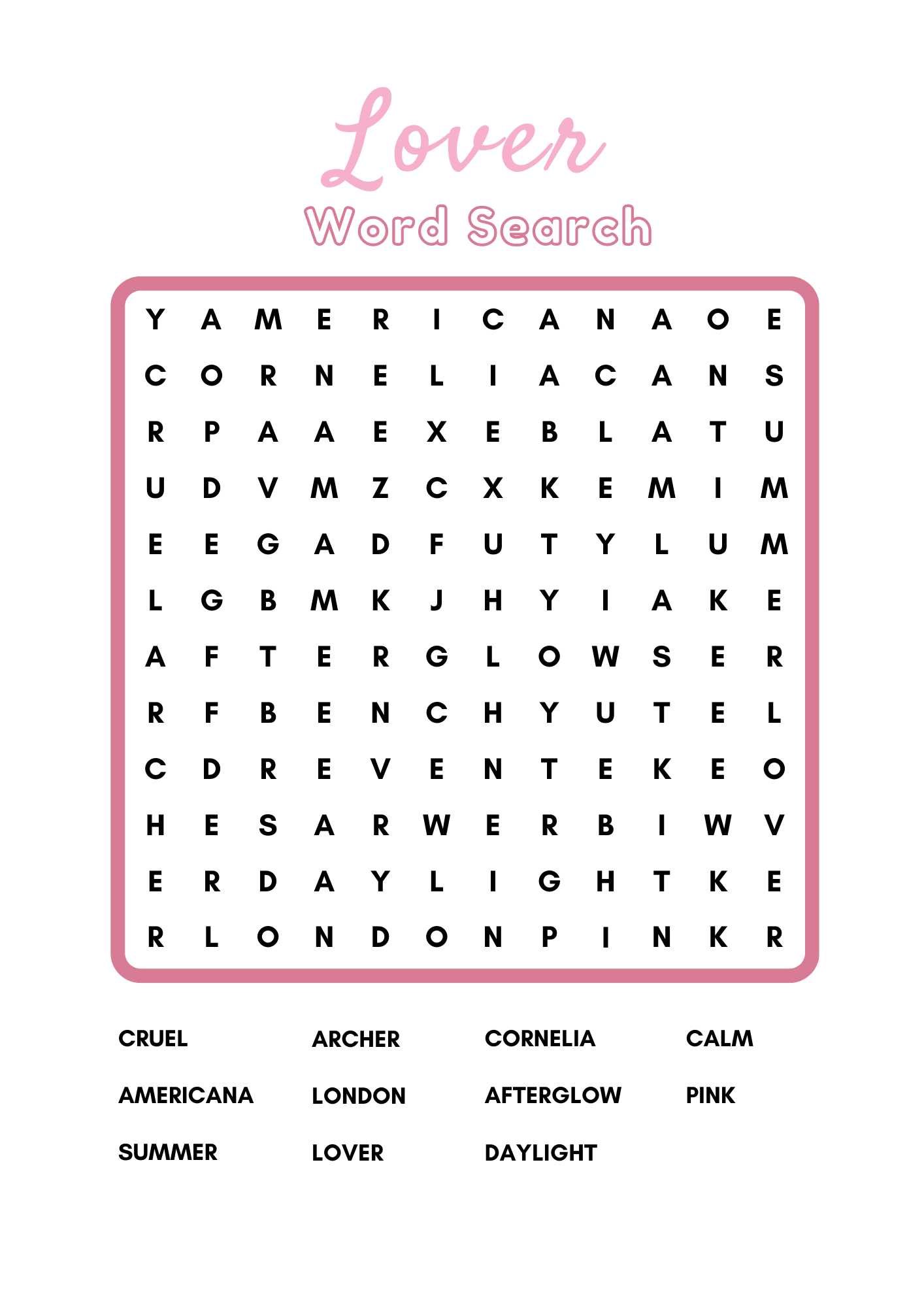 Taylor Swift Era Word Searches
