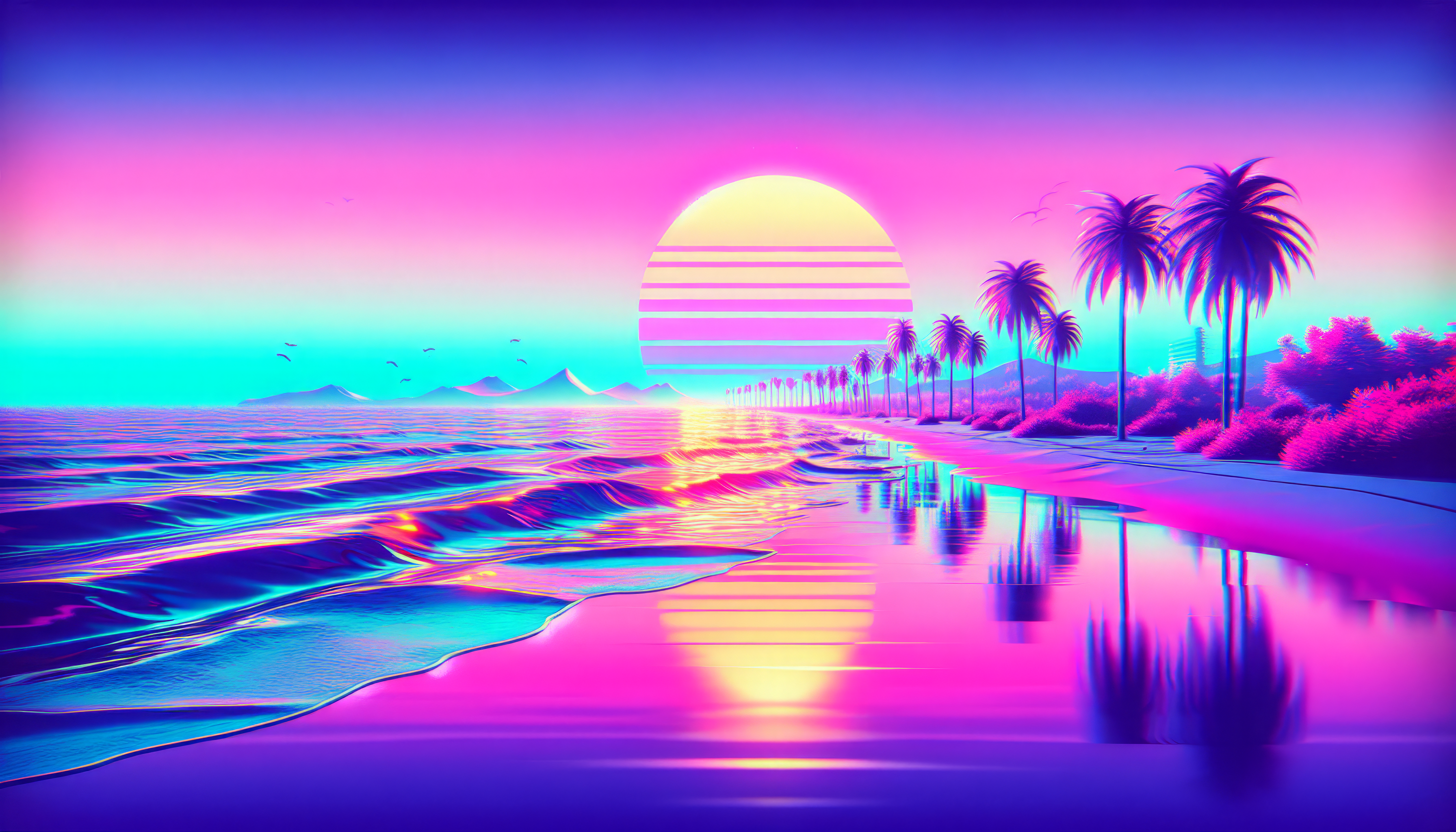 Retro Neon Beach Sunset HD Wallpaper