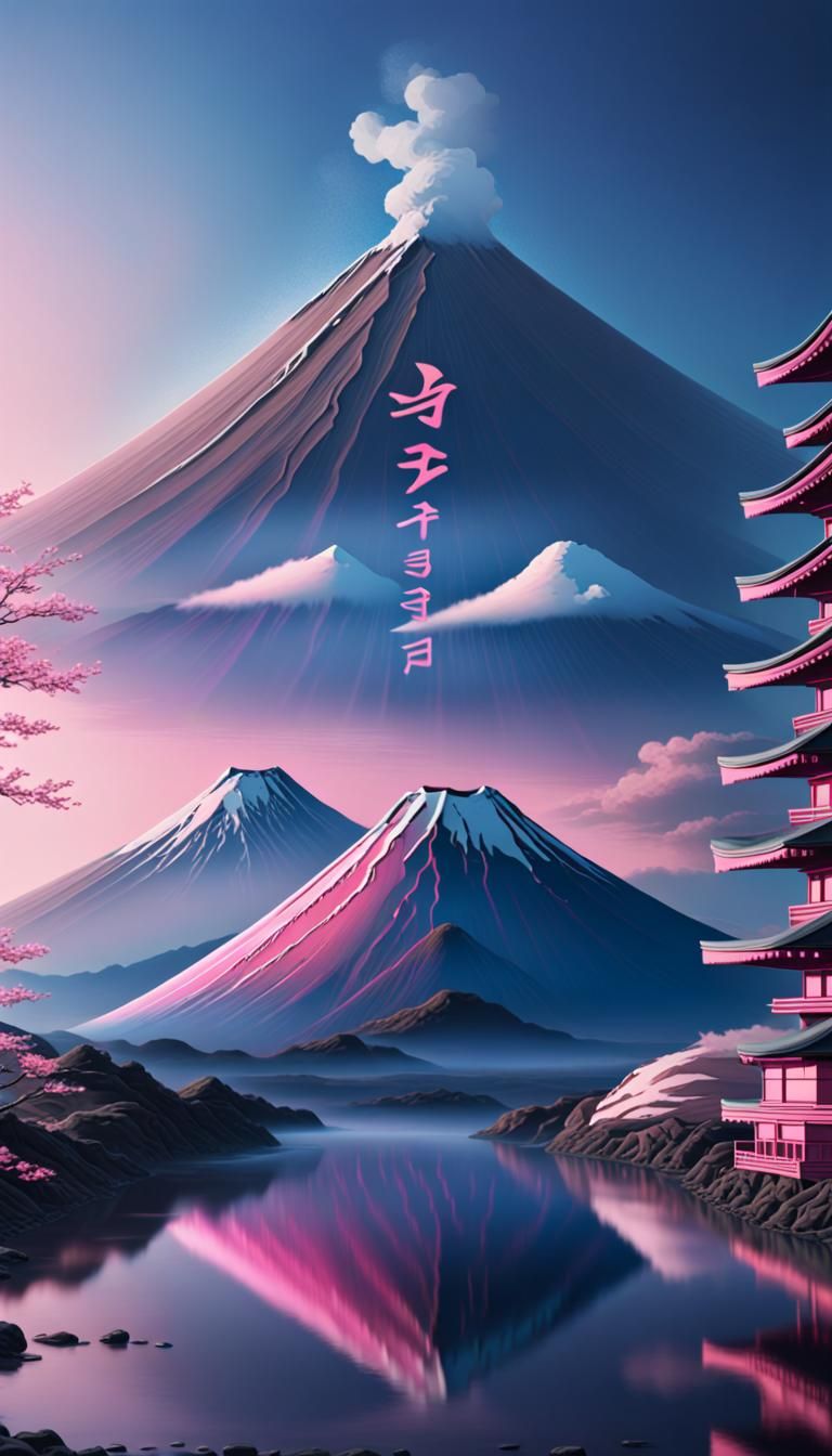 vaporware aesthetic Mt Fuji Yen symbol