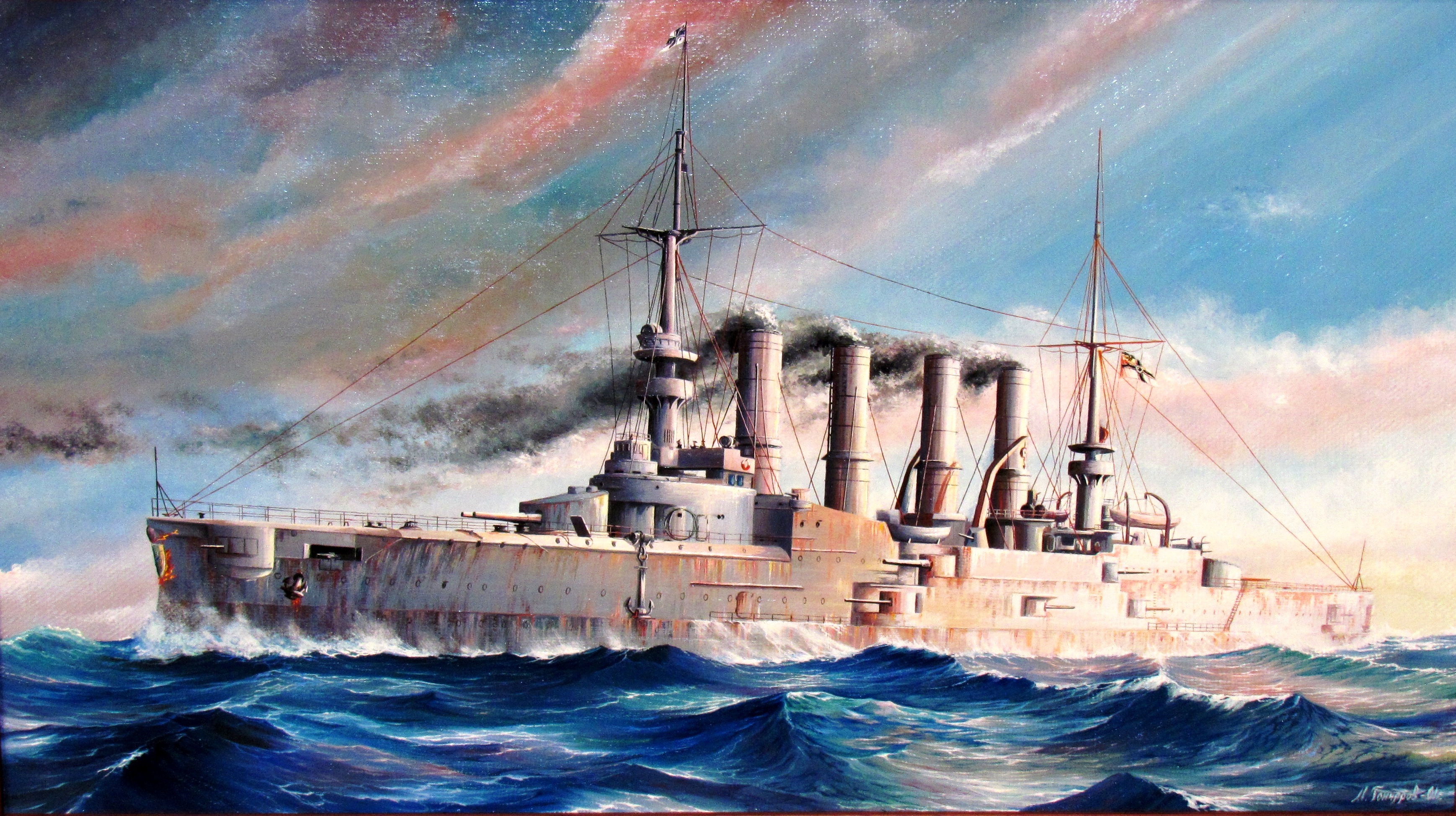 Wallpaper sea, figure, art, WW1, armored cruiser, SMS Scharnhorst, the German Imperial Navy, the artist M. Goncharov for mobile and desktop, section оружие, resolution 3476x1948