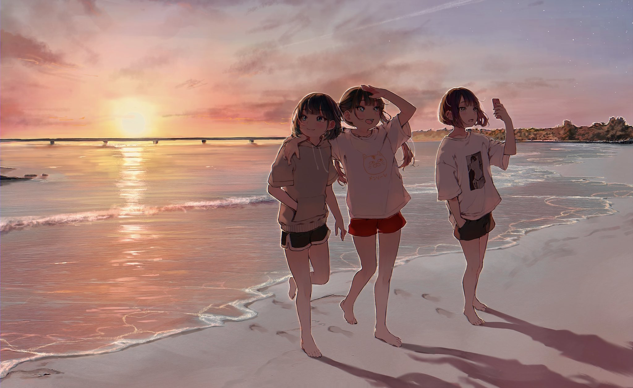 Sunset Beach Anime Wallpaper by はむねずこ