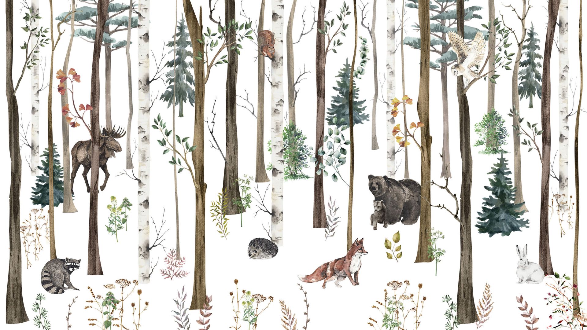 Drawn forest with autumn animals