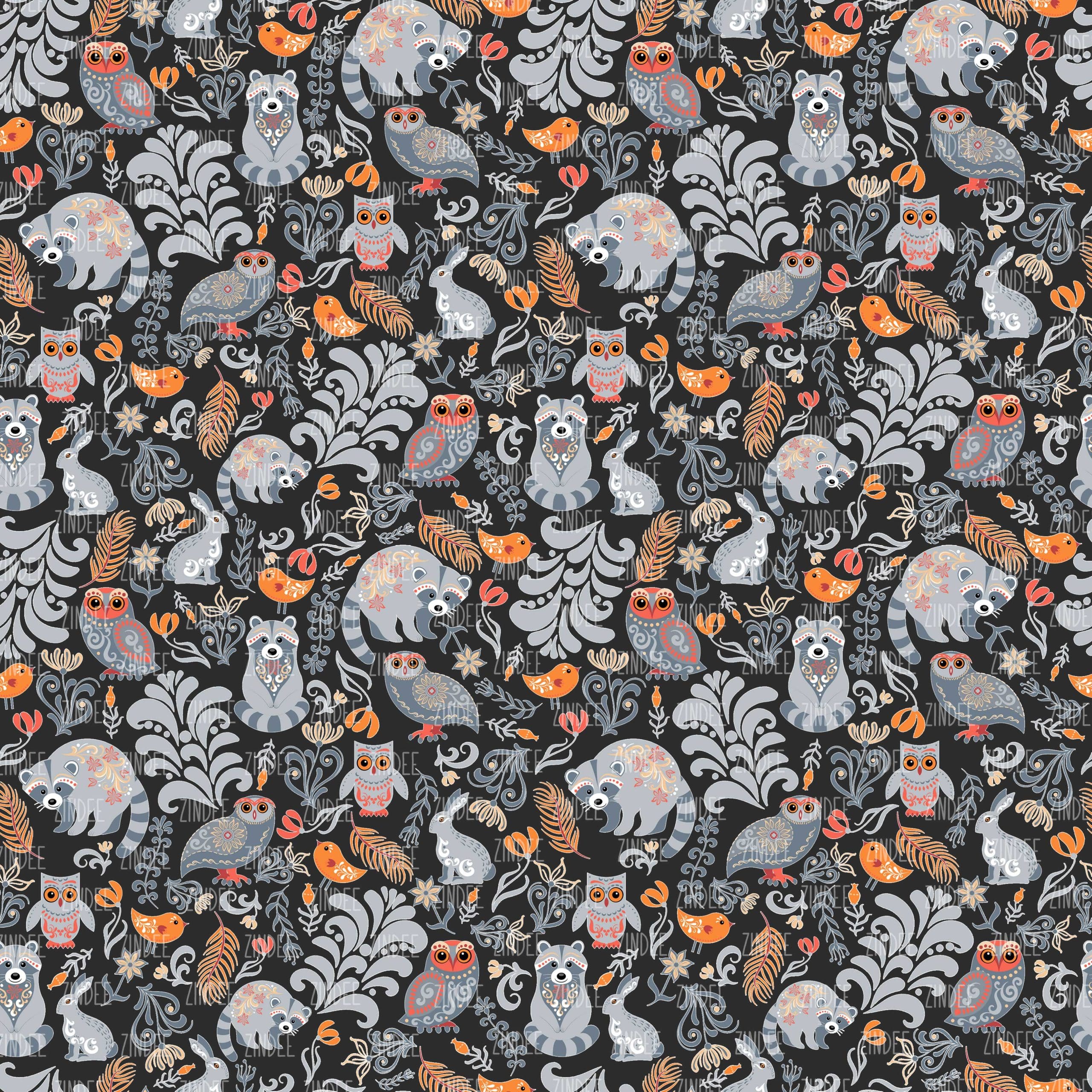 Autumn Forest Animals Black seamless