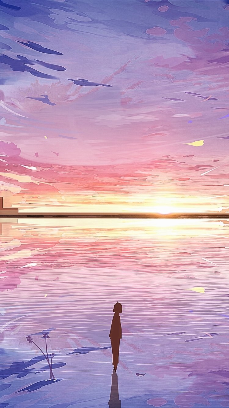 Silhouette Anime Sunset Phone Wallpaper