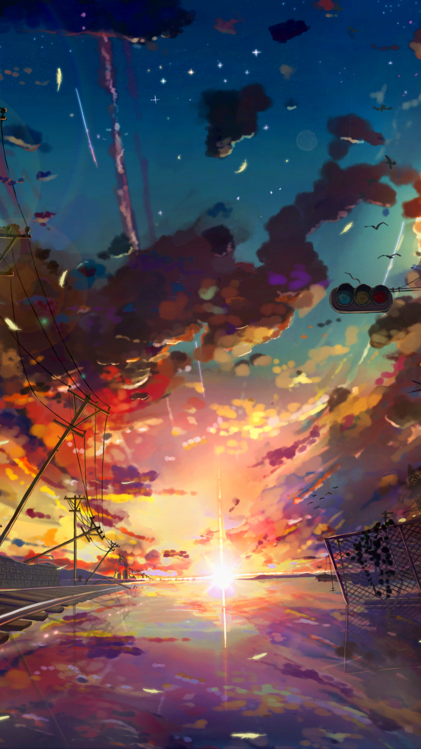 Anime, Sunset, Railroad, Telephone Pole