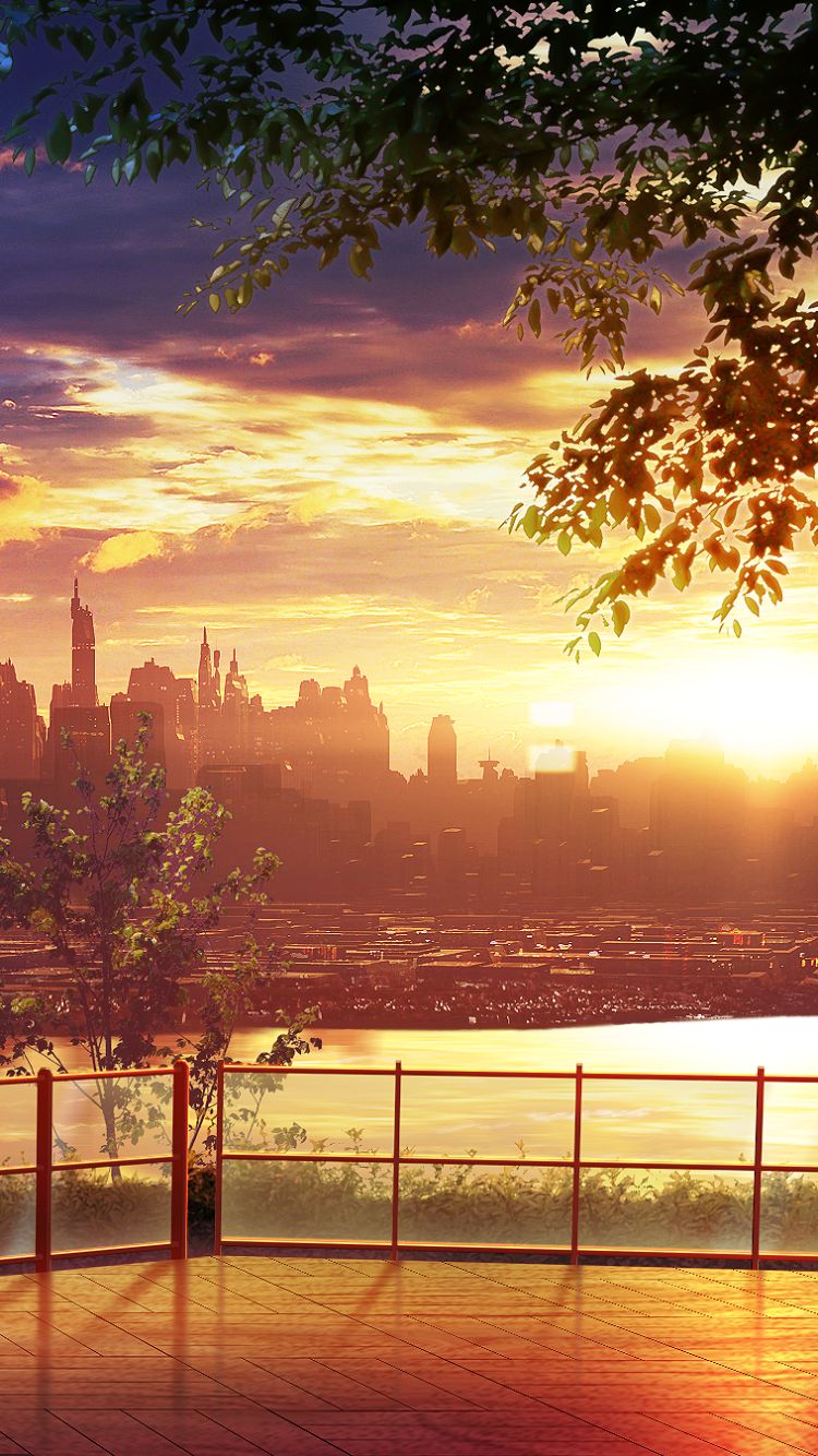 Mobile wallpaper: Anime, Sunset, City