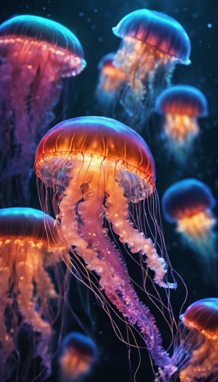 Several luminous jellyfish, glowing