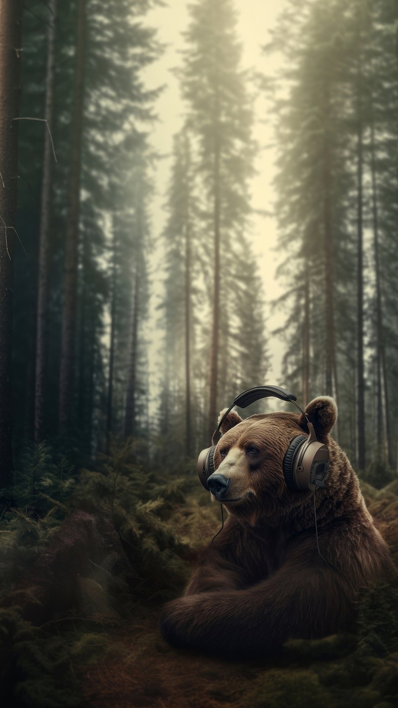 Grizzly bear wearing headphones. AI