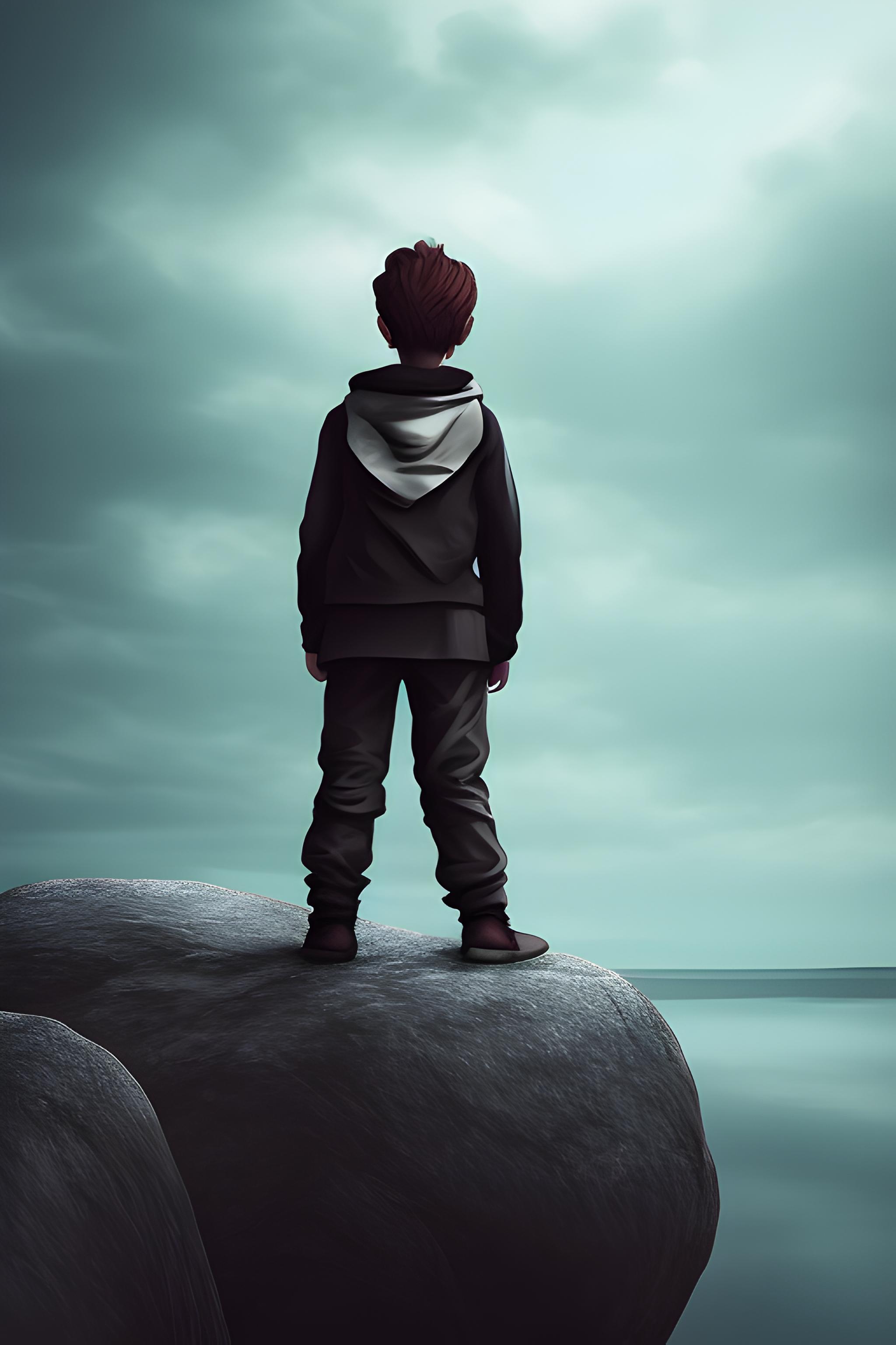 A boy aitting alone on a rock black