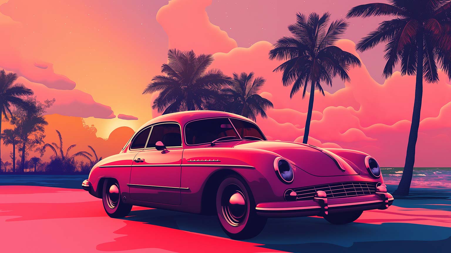 Retro Car Vintage Sunset Beach Desktop Wallpaper