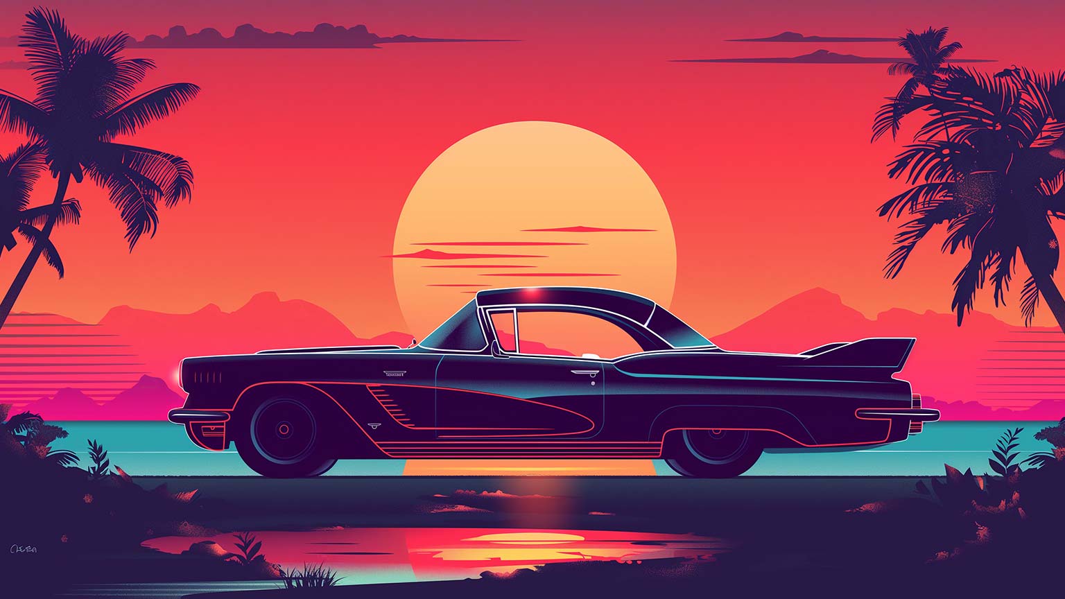 Vintage Car Sunset Palms Desktop Wallpaper