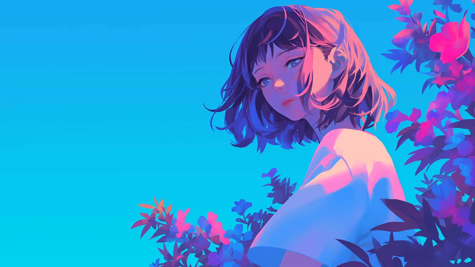 Sad Girl in Flowers Blue Art Desktop Wallpaper 4k Wallpaper