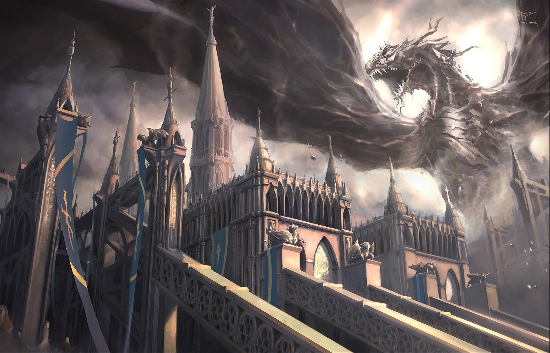 art, wings, fantasy, dragon, castle