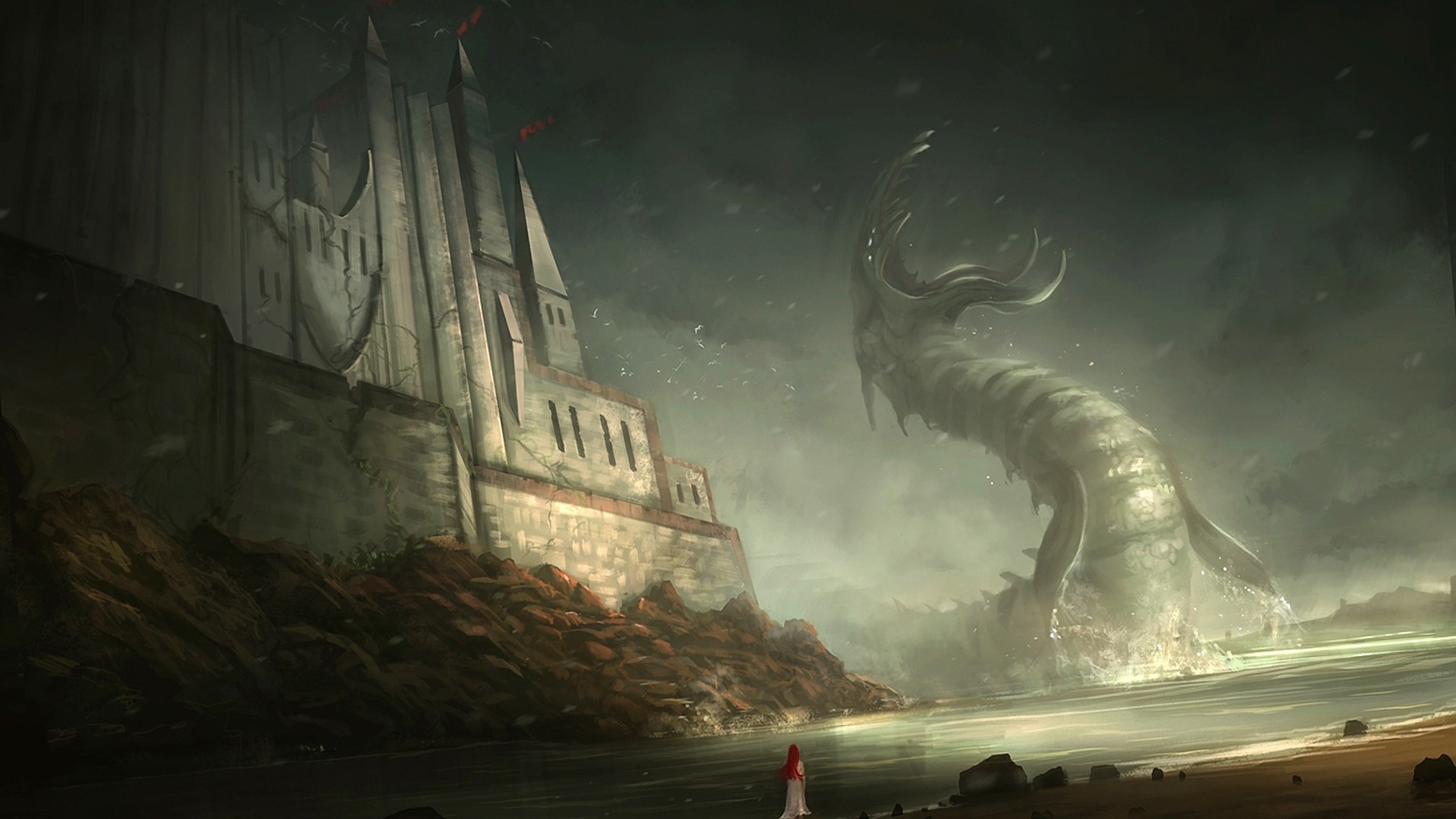 dragon, castle, fantasy art