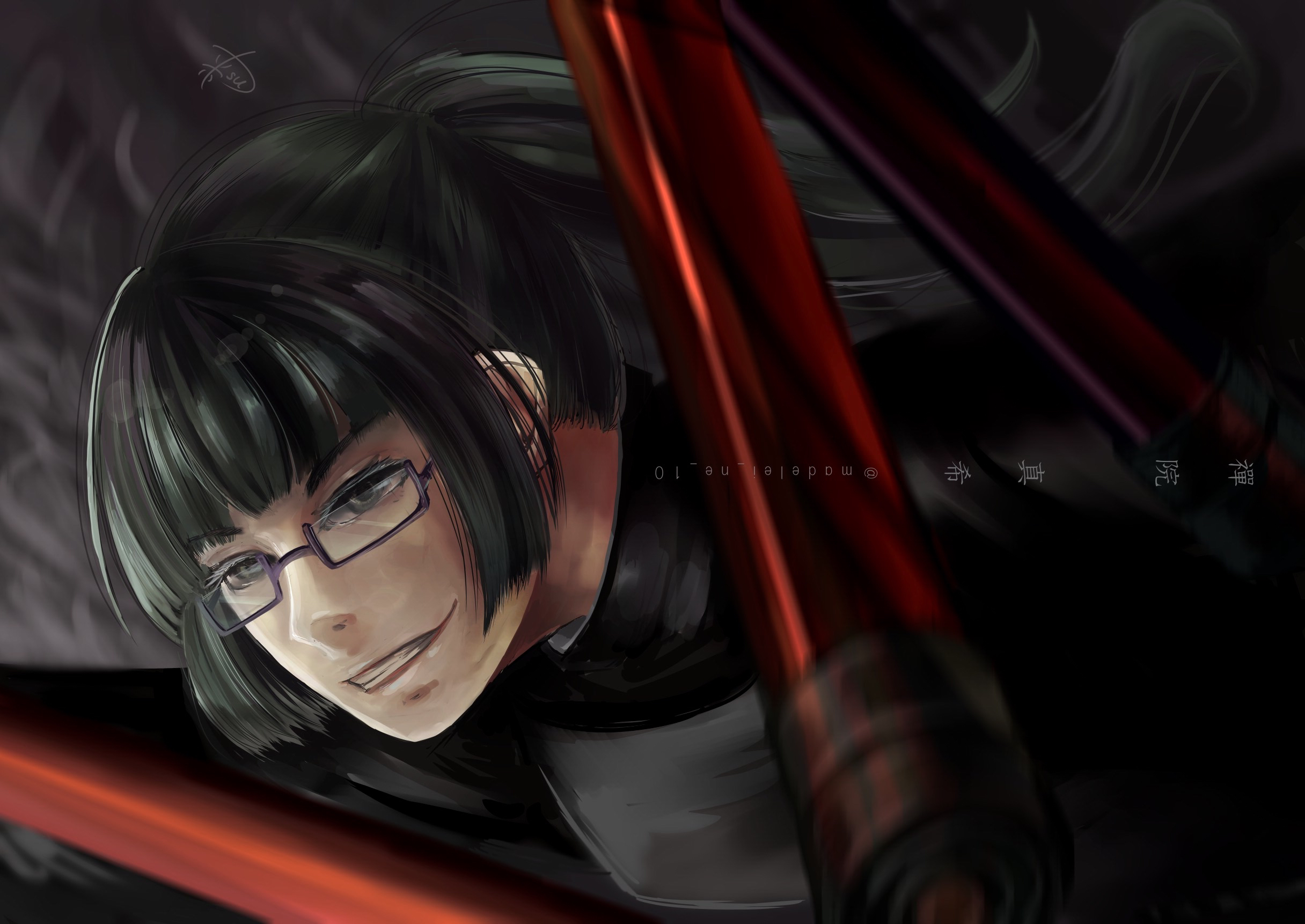 Anime, Glasses, Green Hair, Ponytail