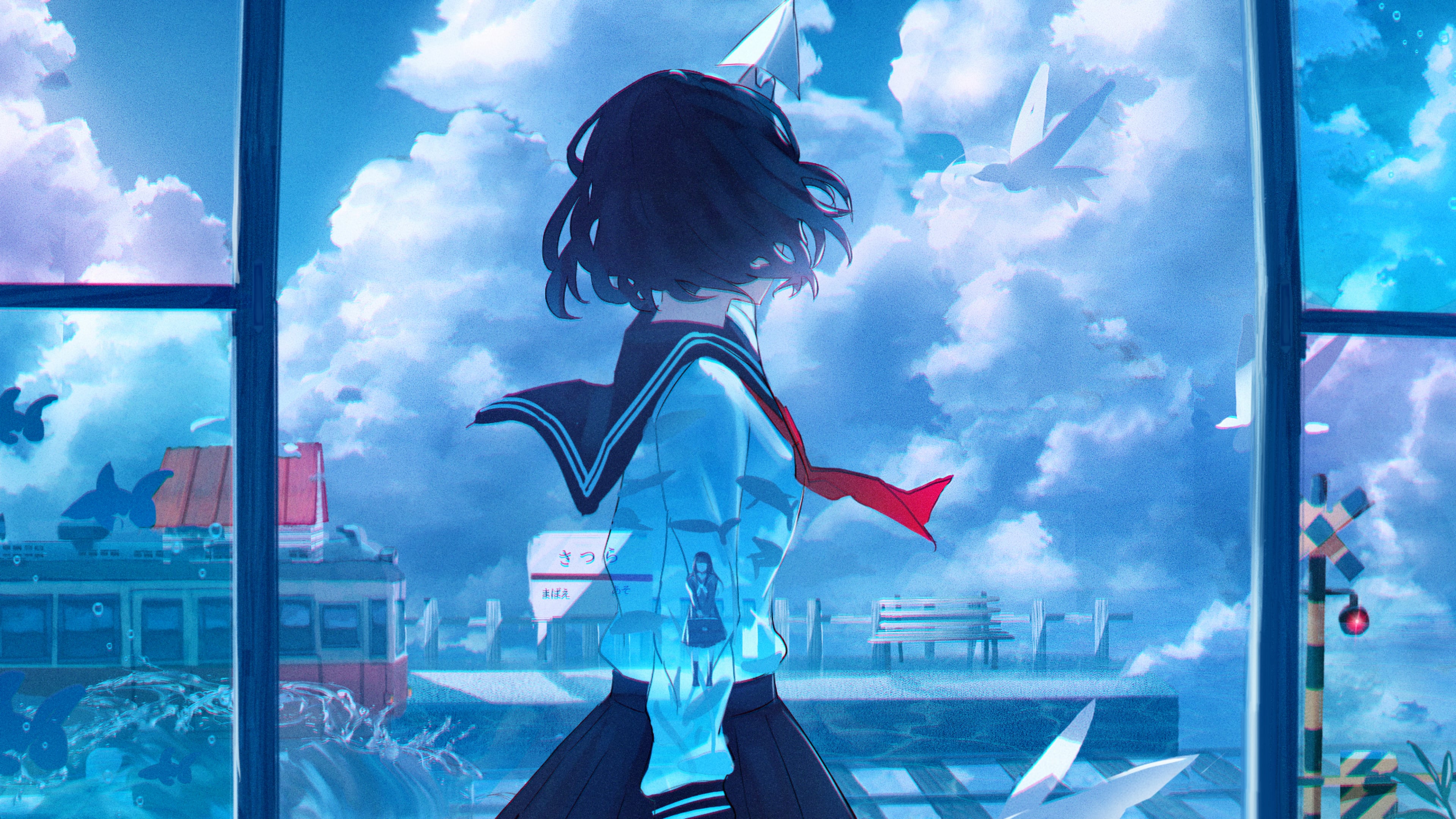 Anime girl watching outside blue