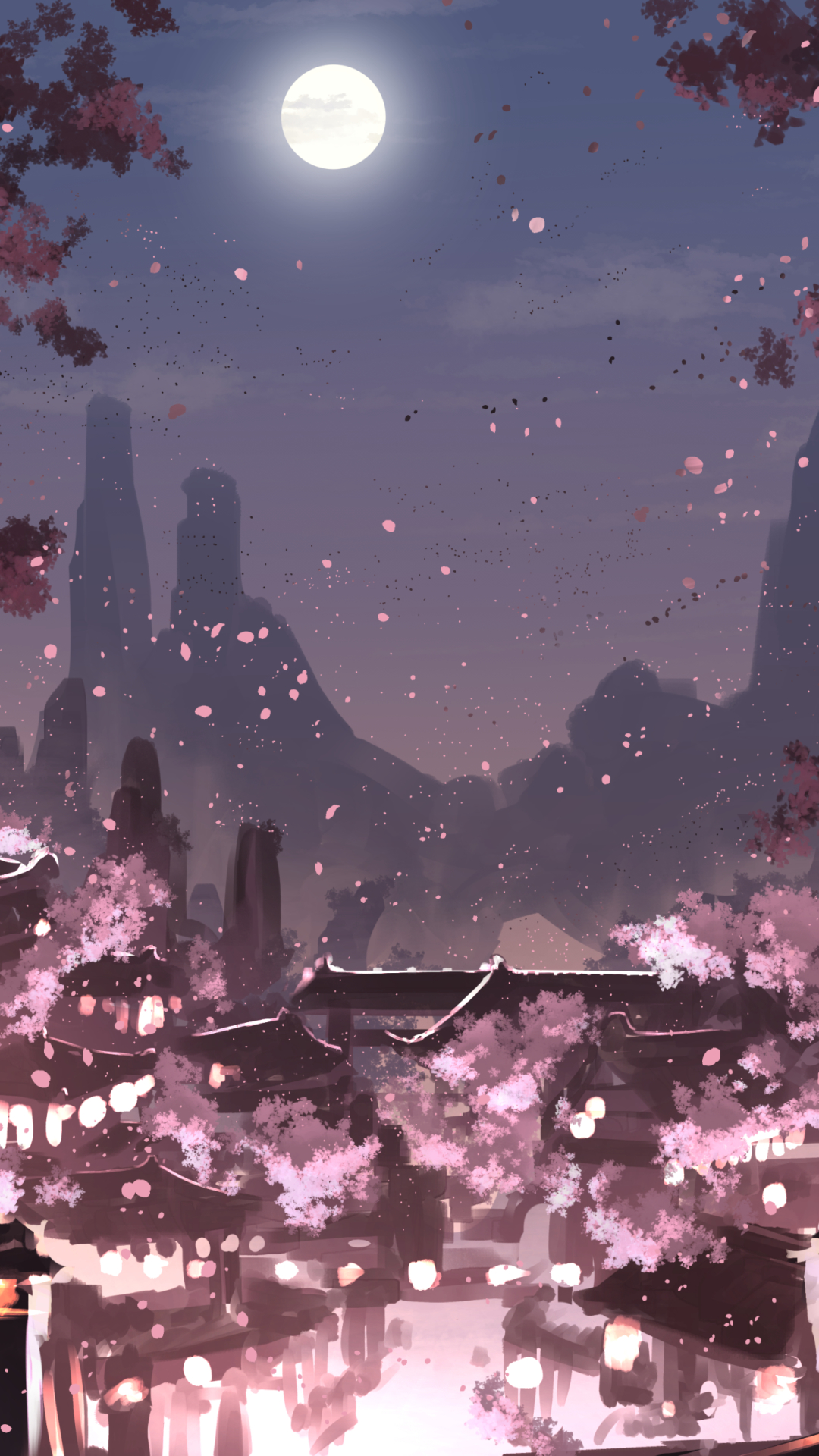 wallpaper: Anime, Moon, Cherry Blossom