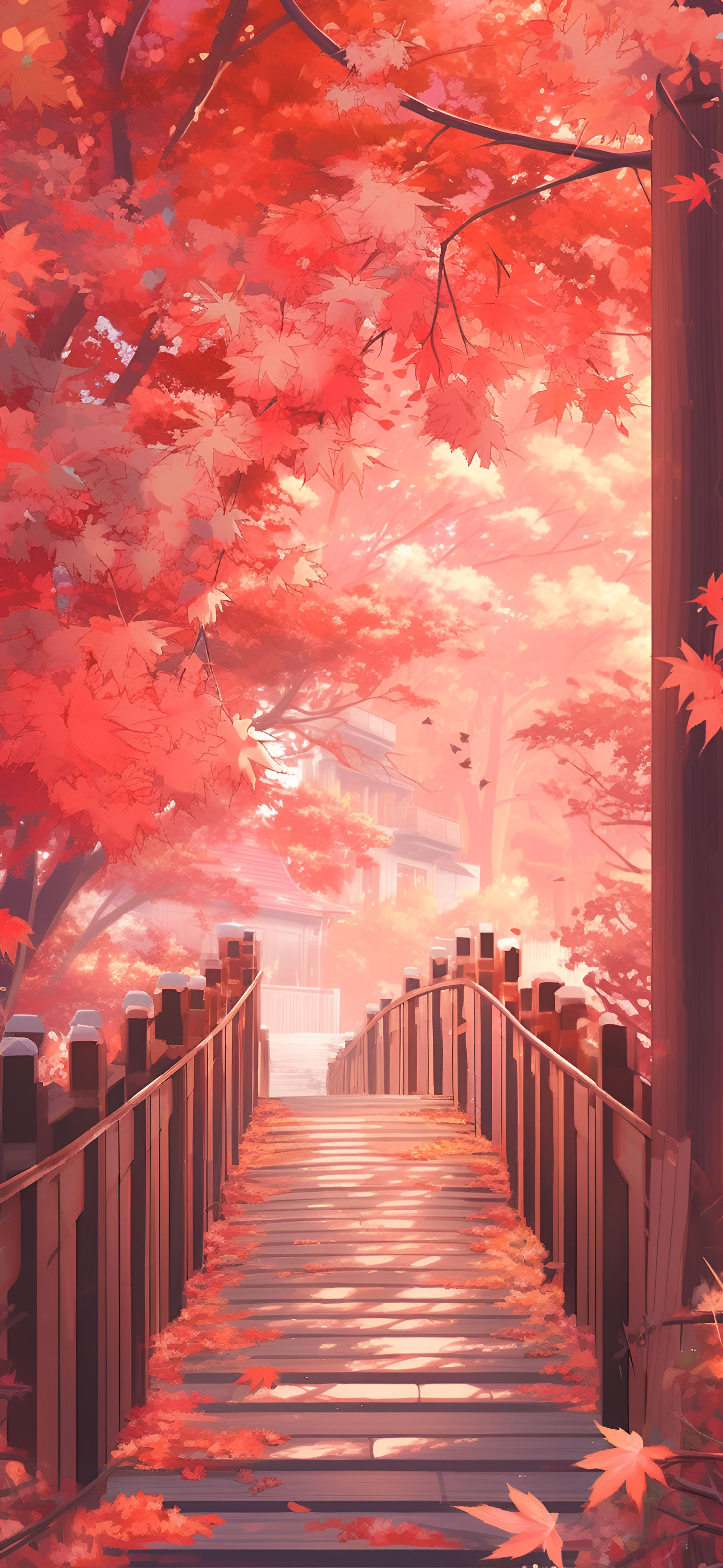 Autumn Bridge with Red Maple Leaves