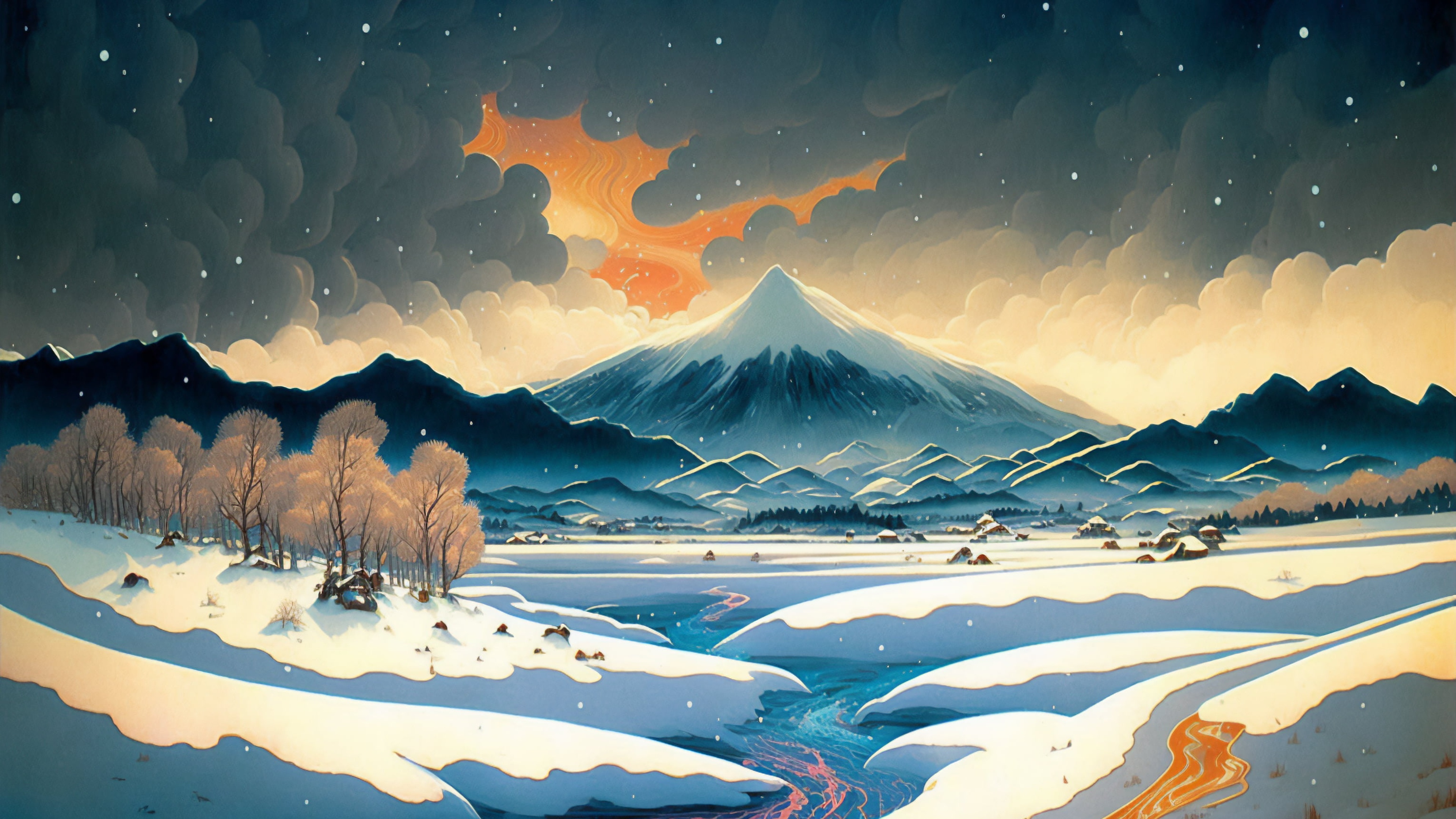 Wallpaper winter, clouds, snow, trees, mountains, Japan, valley, Fuji for mobile and desktop, section ии арт, resolution 3840x2160