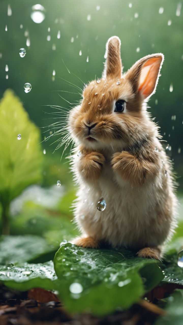 A baby rabbit discovering a raindrop