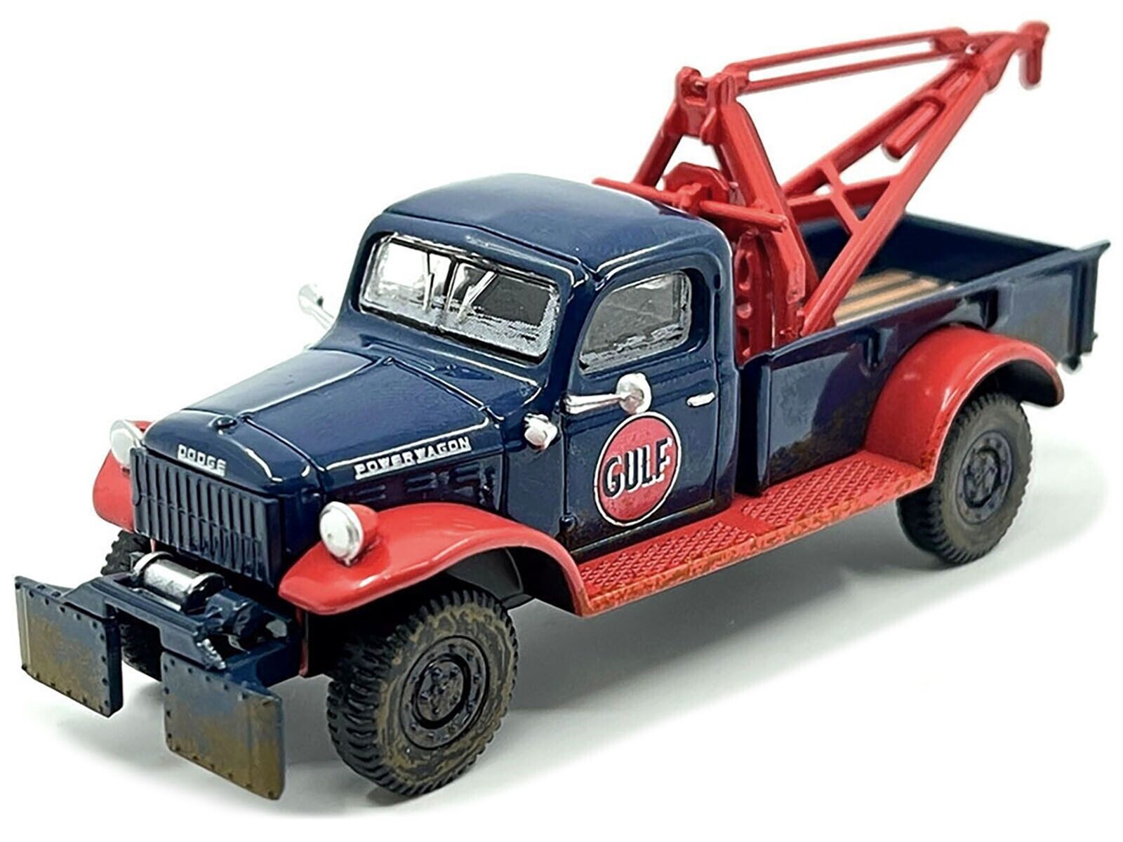 Dodge Power Wagon Tow Truck Dark Blue (Weathered) Gulf Oil With Mechanic Figure 1 64 Diecast Model Car