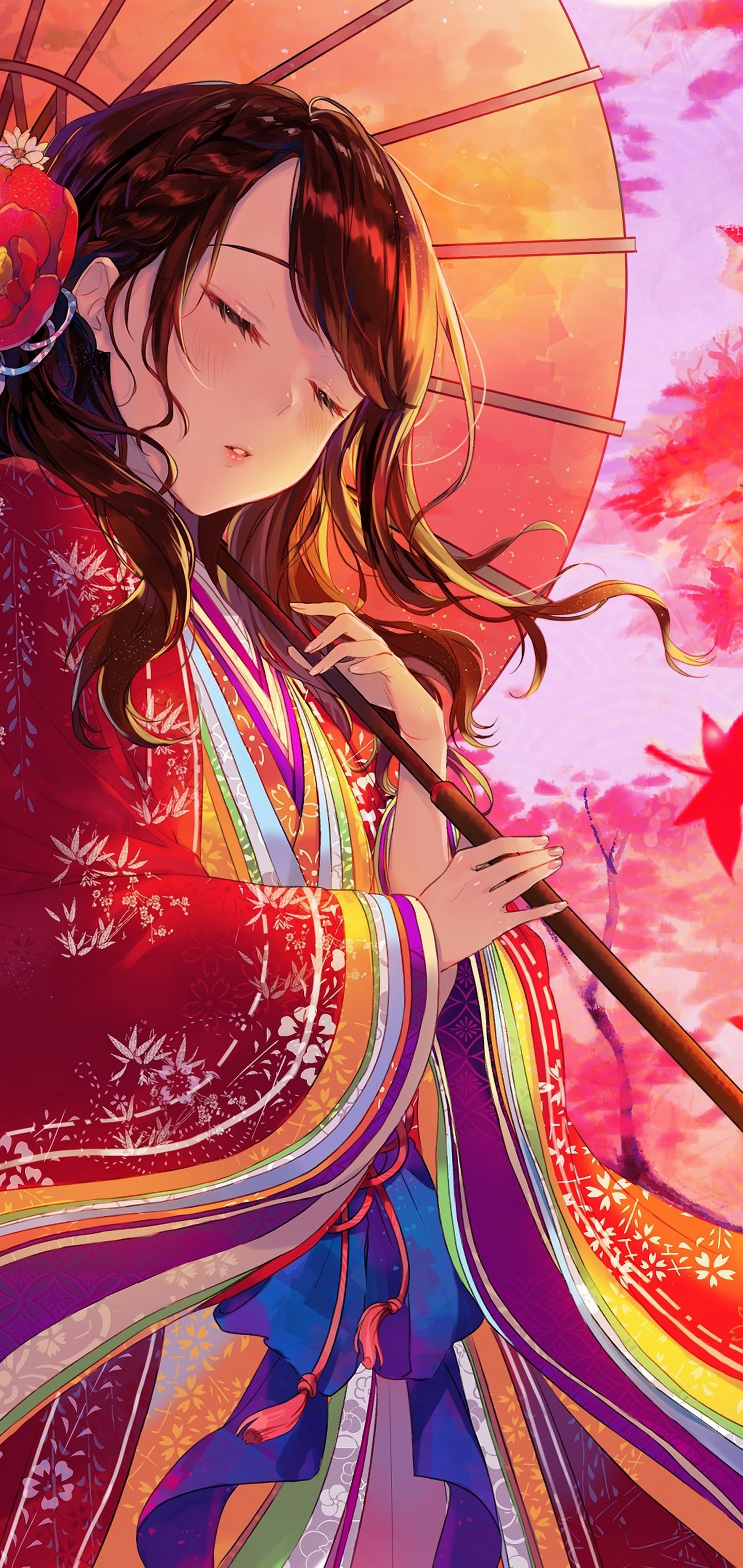 Anime Girl Kimono Maple Trees Autumn 4K