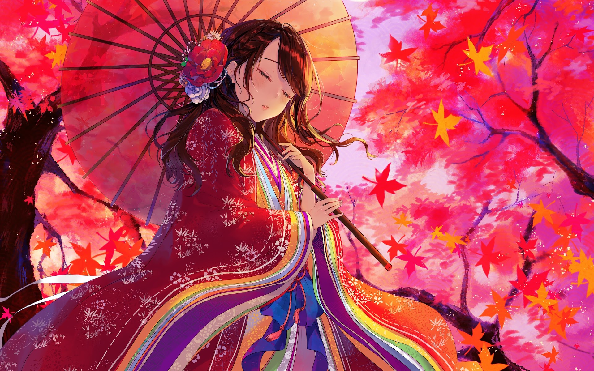 Anime Girl Kimono Maple Trees Autumn 4K