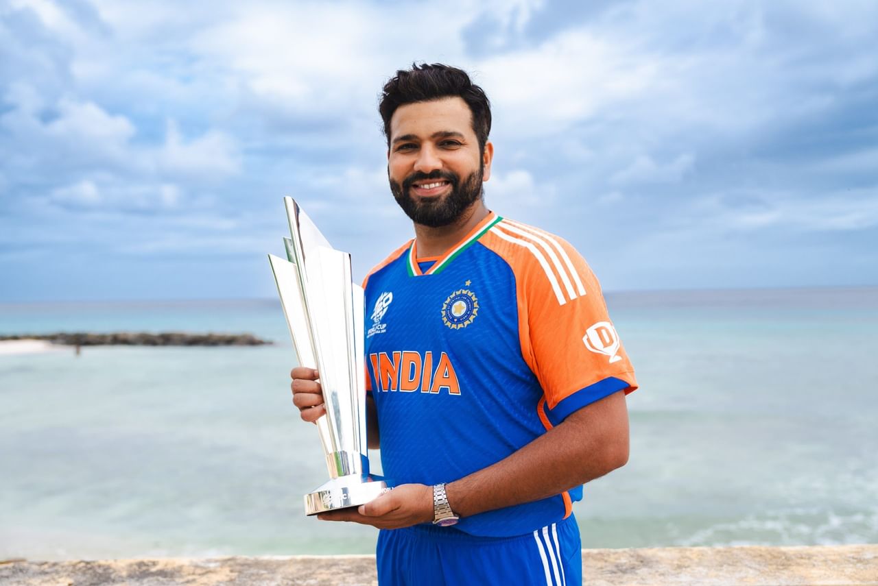 Rohit Sharma poses with coveted T20