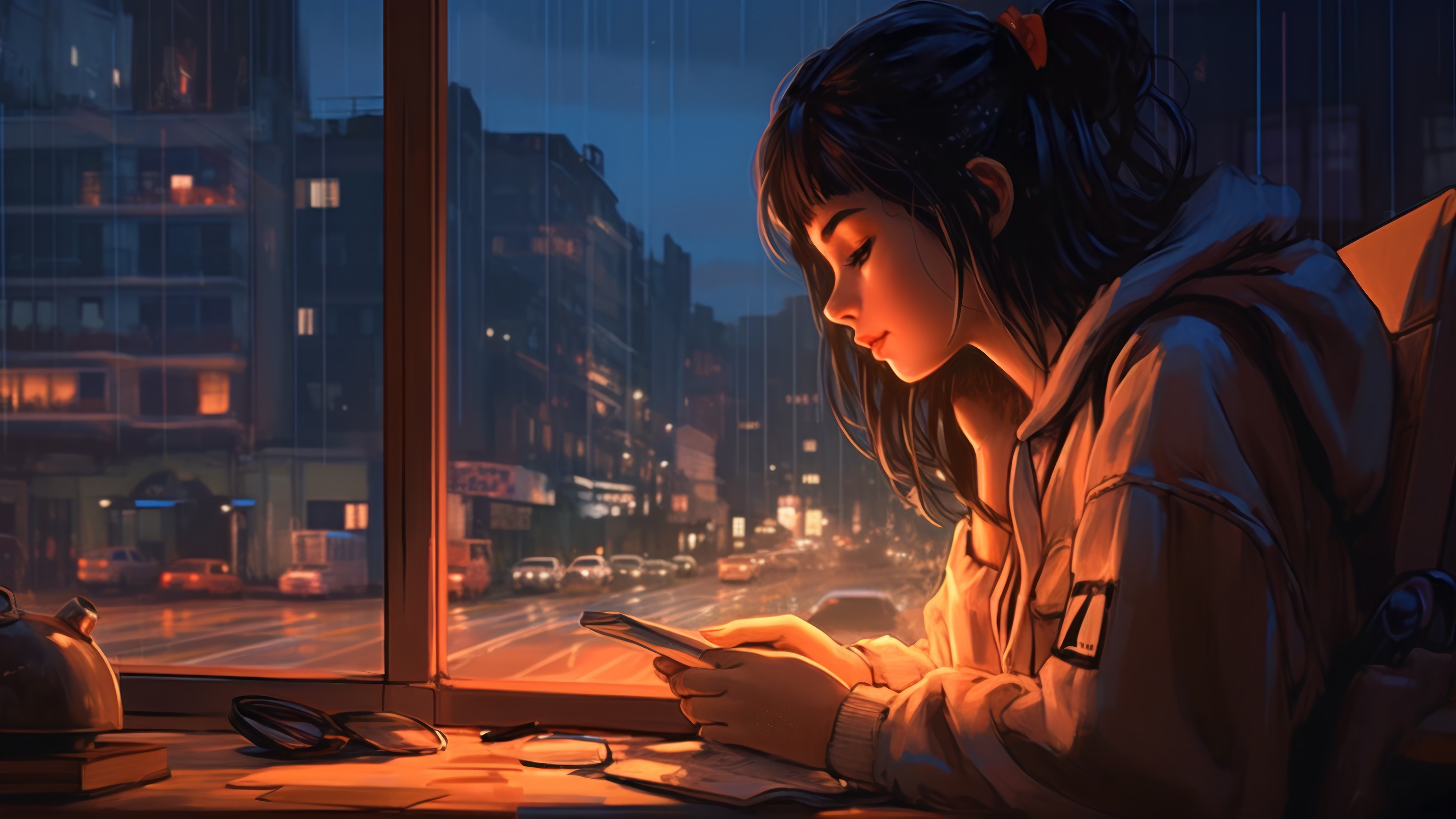 Rainy Night Serenity with Anime Girl
