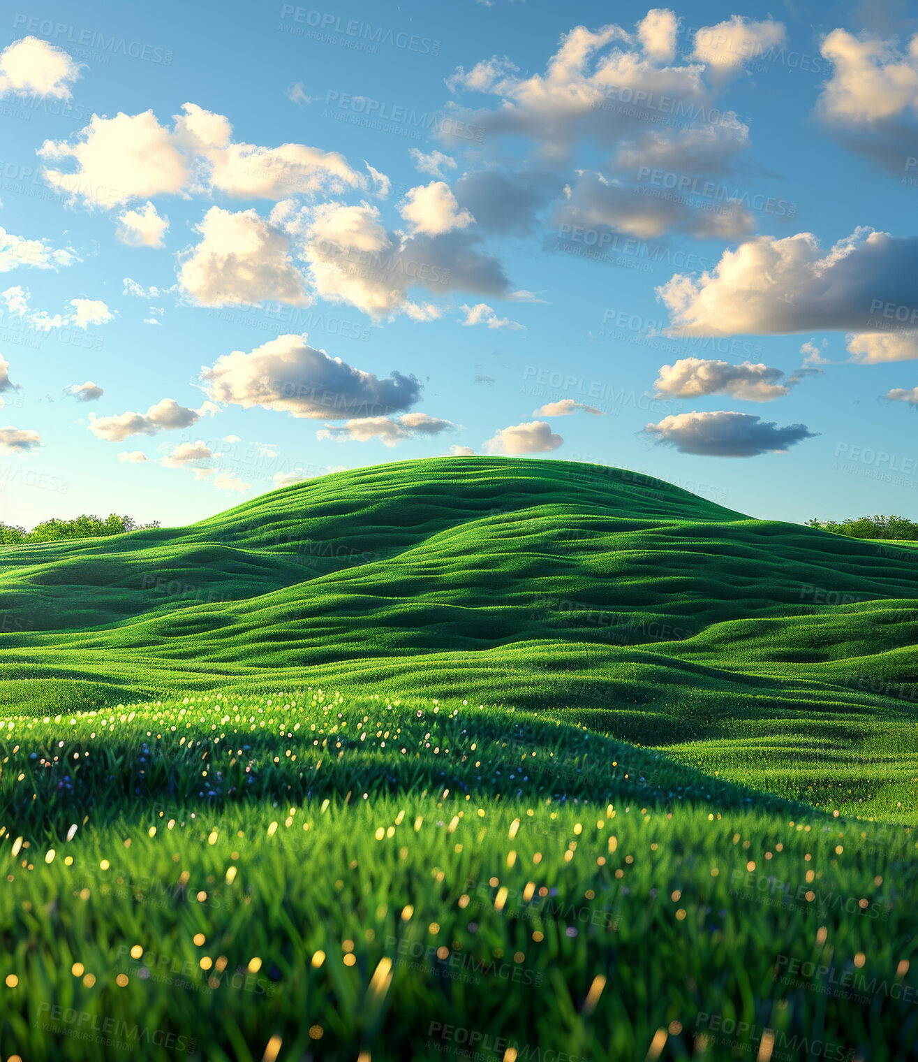 Green hills, cloudy sky and grass