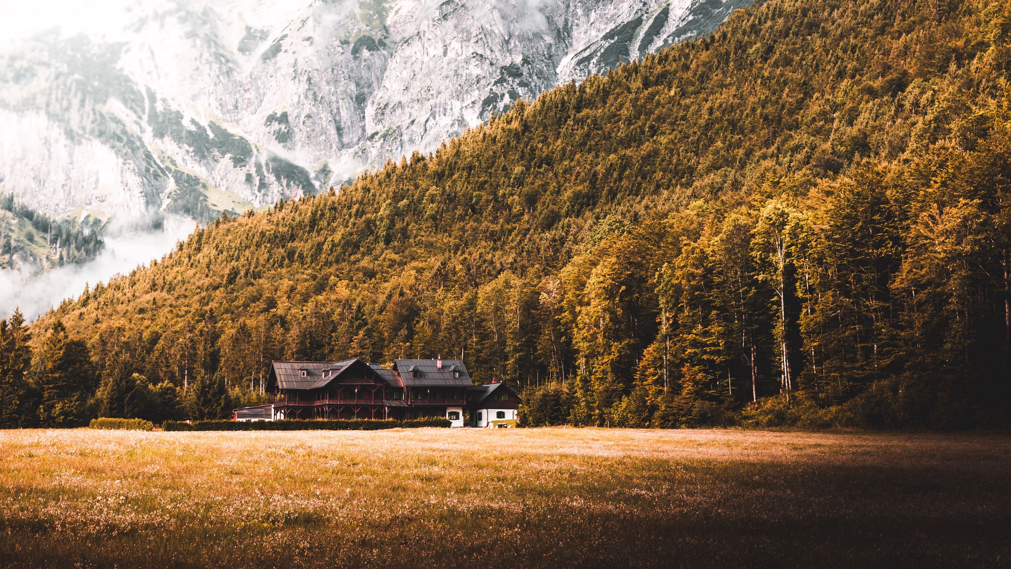 Download wallpaper 3840x2160 house, forest, mountains, lawn, nature 4k uhd 16:9 HD background