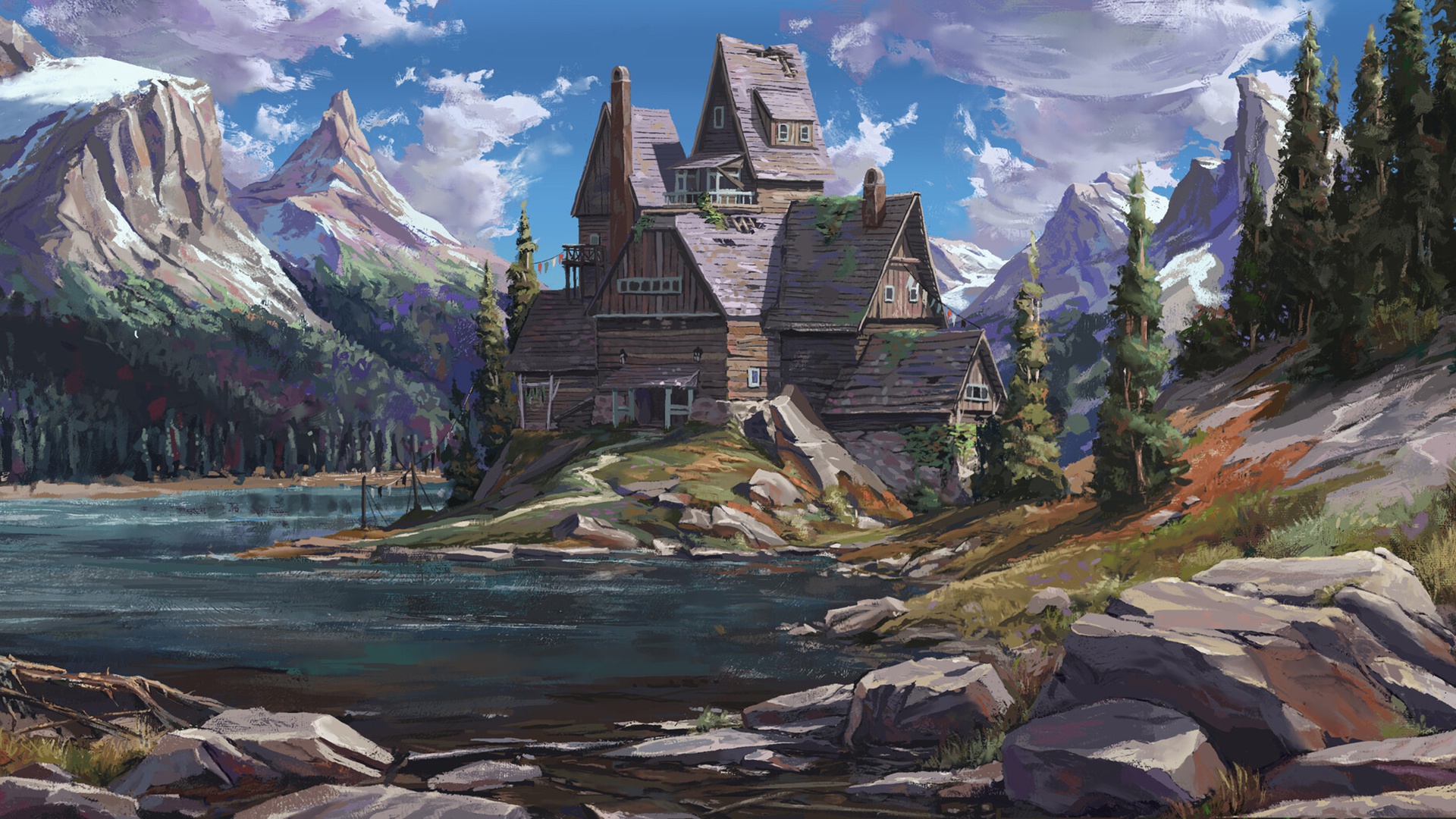 Fantasy Mountain House HD Wallpaper