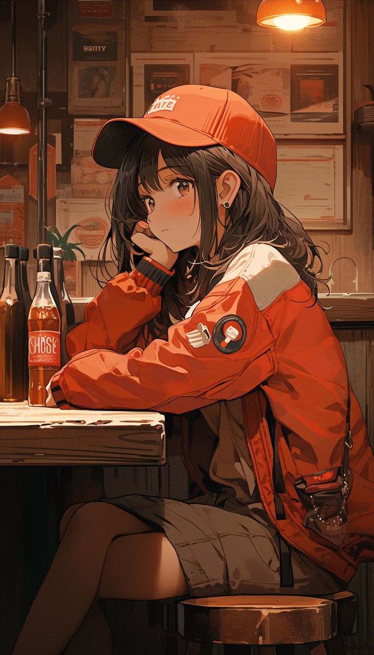 Dreamy Anime Lo Fi Girl at bar