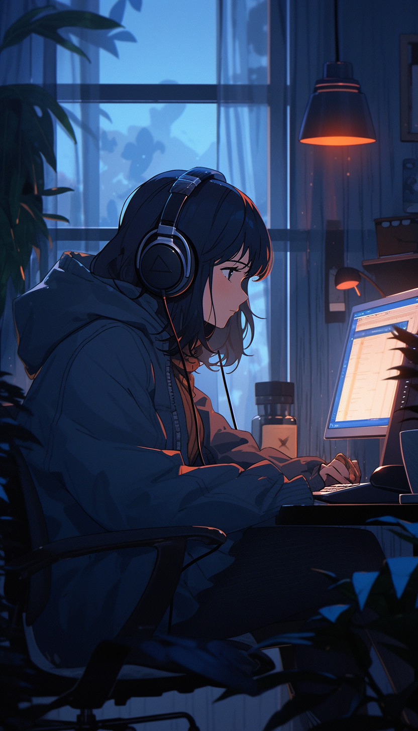 Dreamy Anime Lo Fi Girl at laptop